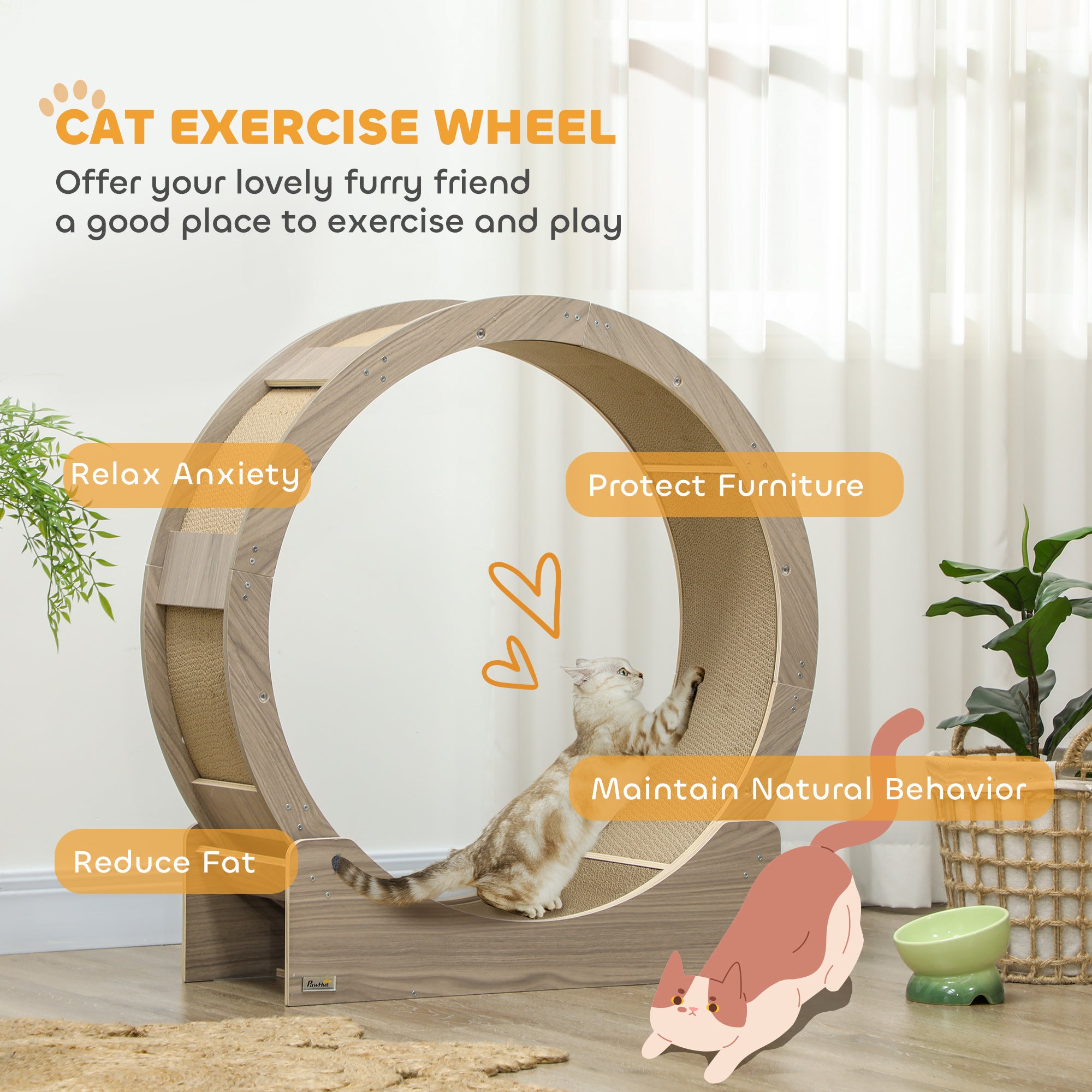 PawHut Cat Wheel with Brake, Scratching Pads - Walnut Brown - North Peak Garden Furniture