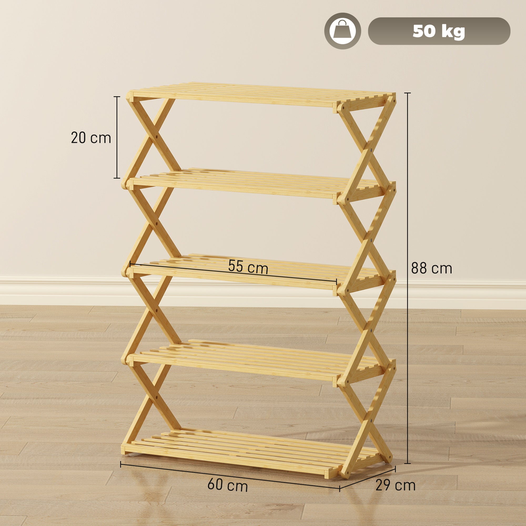 HOMCOM Five-Tier Folding Bamboo Shoe Rack - Natural Finish