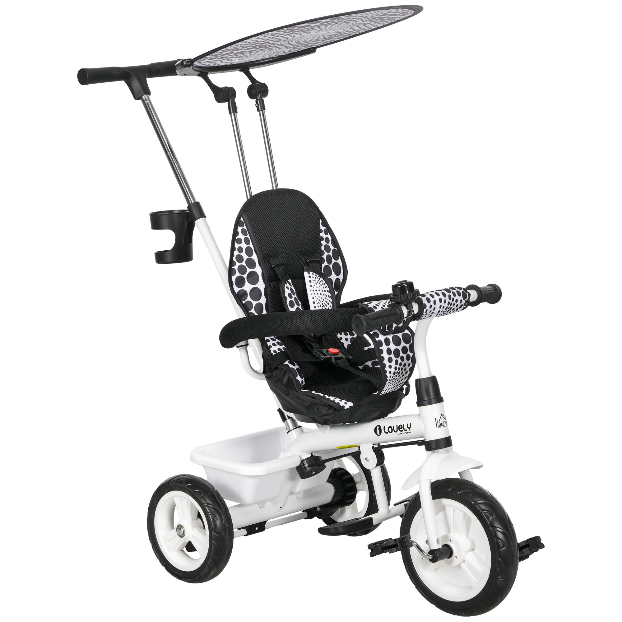 HOMCOM 6 in 1 Tricycle for Kids with 5-point harness straps, Removable Canopy, White - North Peak Garden Furniture