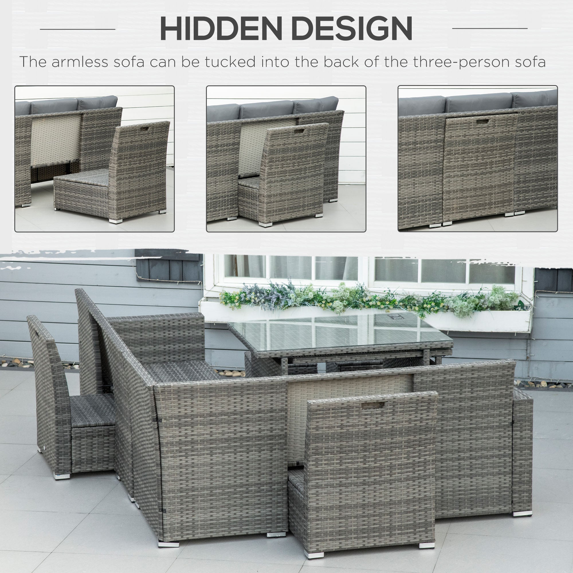 Outsunny Seven-Piece Rattan Garden Sofa Set, with Expanding Table - Grey - North Peak Garden Furniture