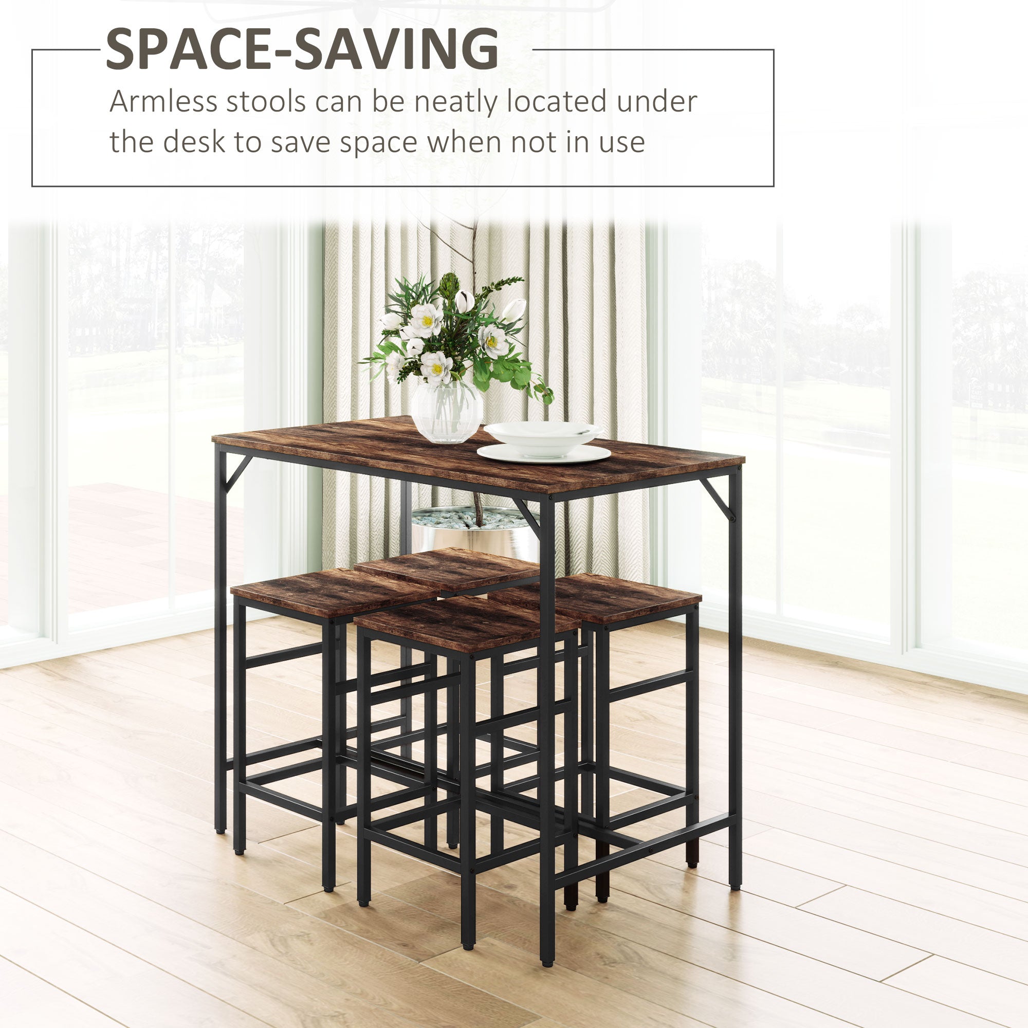 HOMCOM Industrial Rectangular Bar Table Set with 4 Stools for Dining Room, Kitchen, Dinette - North Peak Garden Furniture