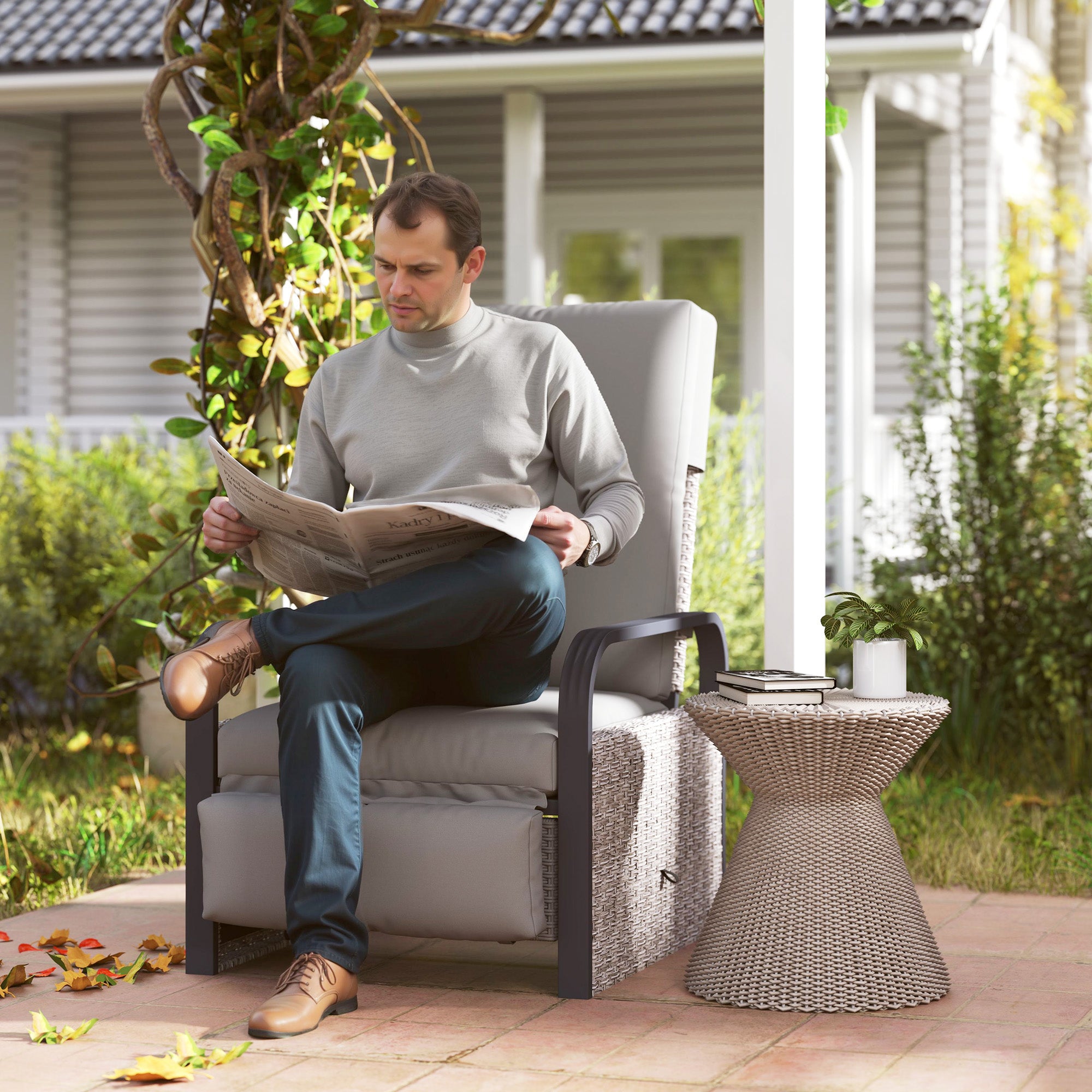 Outsunny 140° Reclining Rattan Armchair - Mixed Grey - North Peak Garden Furniture