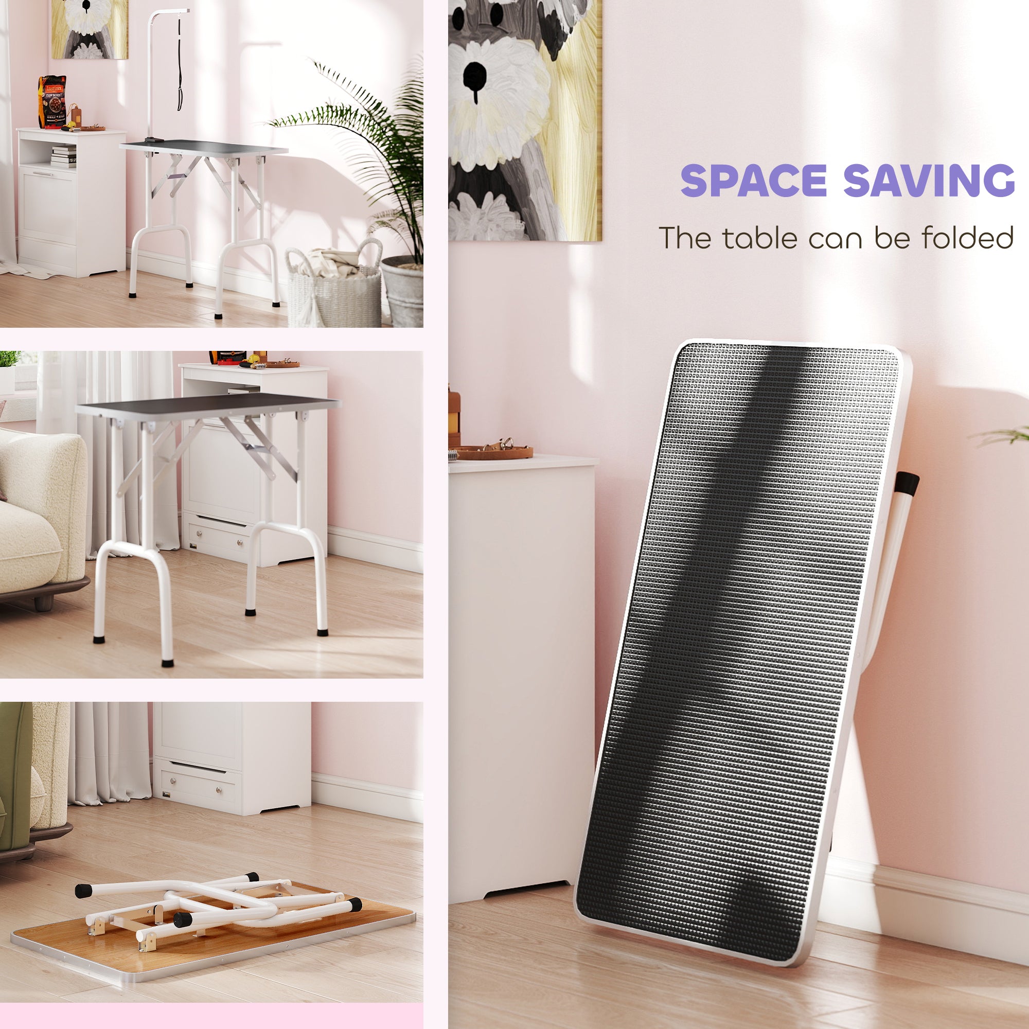 PawHut 32" Foldable Dog Grooming Table Pet Drying Beauty Table Adjustable Fixed Arm Rubber Top, Black