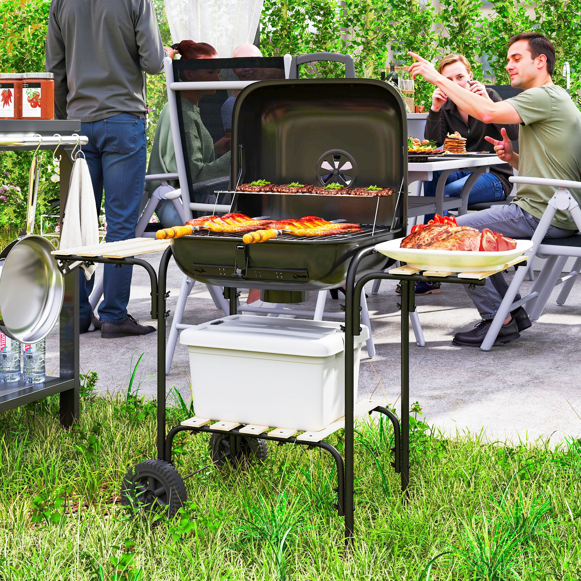 Outsunny Charcoal Barbecue Grill Portable BBQ Grill with 1840 cm² Cooking Area, 3 Shelves, Adjustable Vent, Lockable Lid, Wheels for Outdoor Cooking, Garden Party, Black - North Peak Garden Furniture