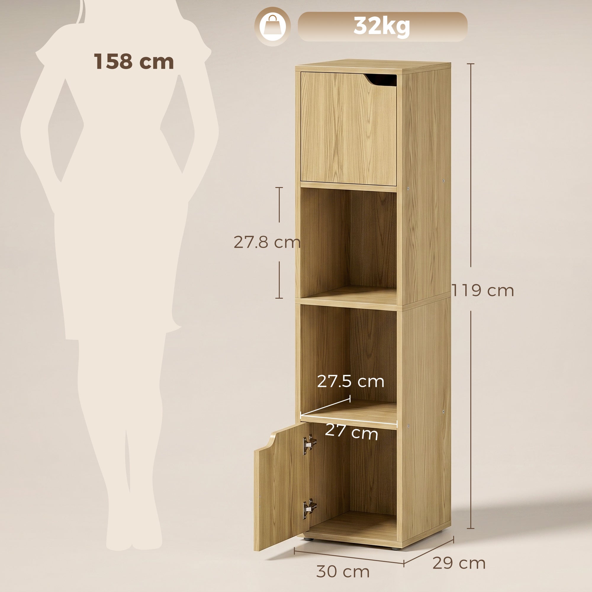 HOMCOM Narrow Bookcase, 4-Tier Bookshelf, Storage Cabinet with doors for Living Room, Bedroom, Oak