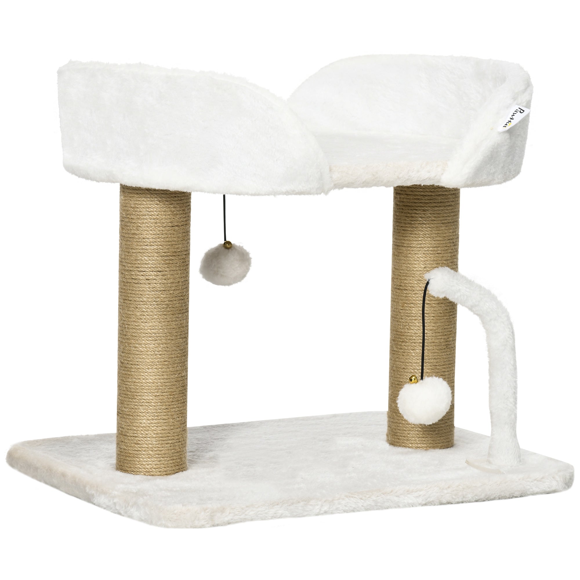 PawHut 42cm Indoor Cat Tree, with Toy Balls, Jute Scratching Post - White