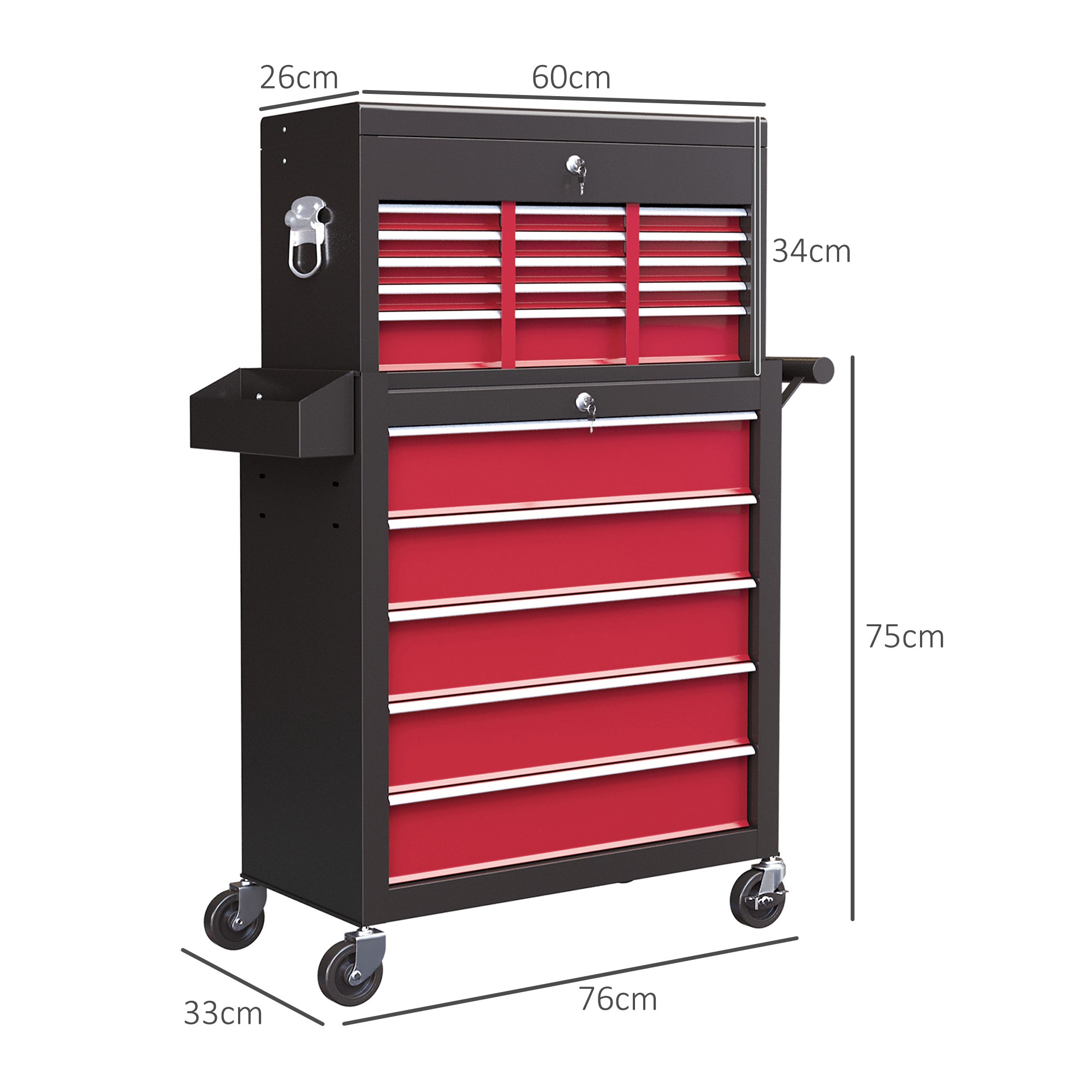 HOMCOM 19 Drawer, Two-Part Tool Storage Chest on Wheels - Red