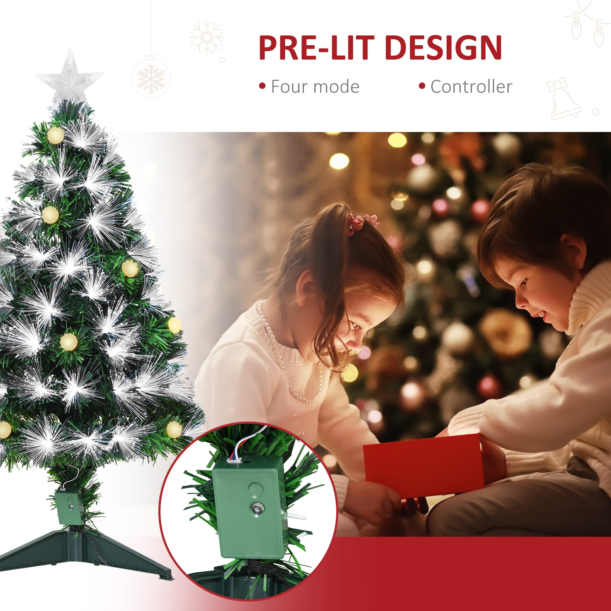 HOMCOM 3ft White Light Artificial Christmas Tree w/ 90 LEDs Star Topper Tri-Base Full Bodied Seasonal Decoration Pre-Lit Home - North Peak Garden Furniture