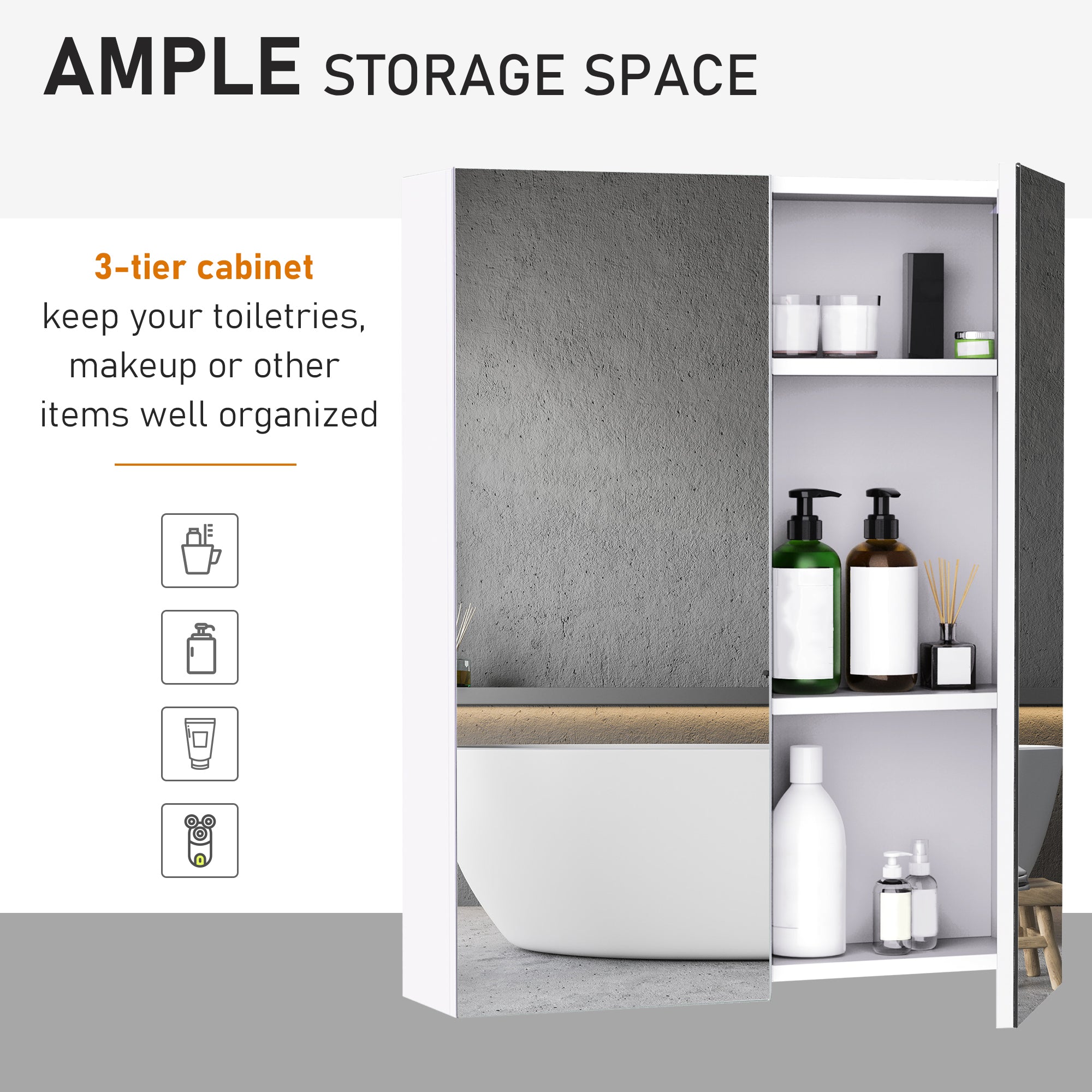 HOMCOM Mirror Cabinet, Wall Mount Bathroom Storage Cabinet with Adjustable Shelf, Double Door Cupboard, 60 x 15 x 75 cm, White - North Peak Garden Furniture