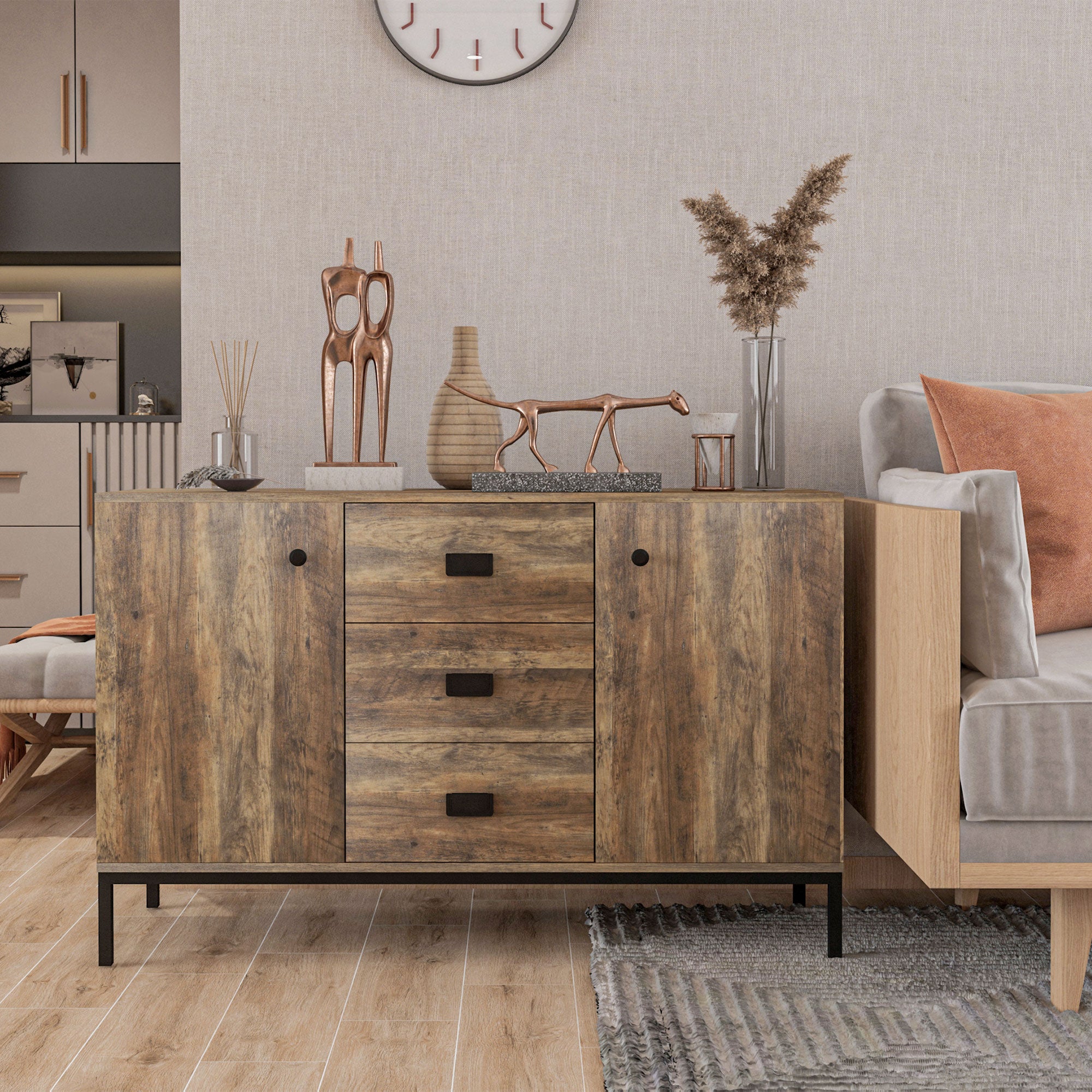 HOMCOM Industrial Sideboard, Storage Cabinet, Accent Cupboard with Drawers, Adjustable Shelves for Kitchen, Dining Room, Living Room, Distressed Brown - North Peak Garden Furniture