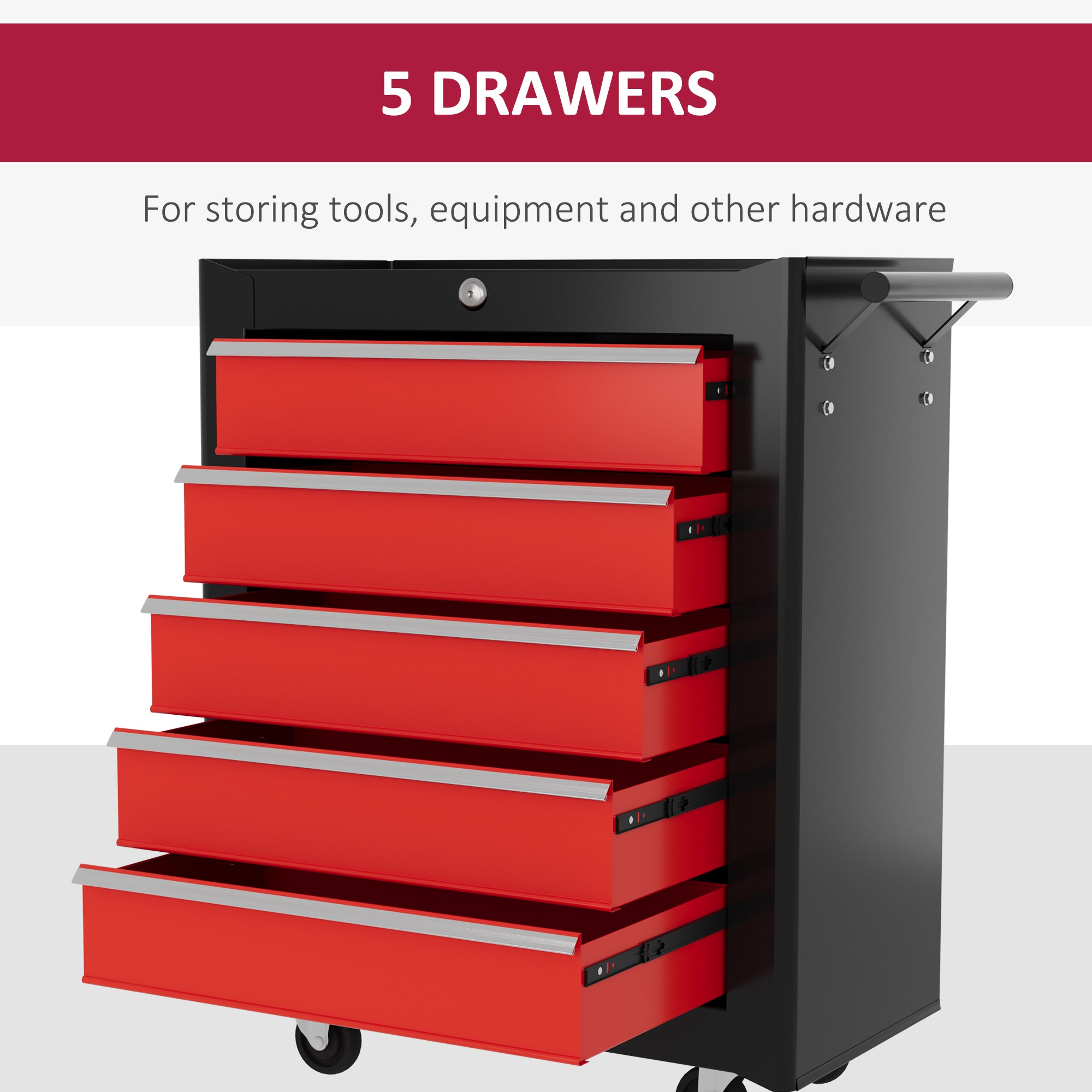HOMCOM 5-Drawer Tool Chest with Wheels, Steel Lockable Tool Storage Cabinet with Handle, 2 Keys for Garage, Workshop, Red - North Peak Garden Furniture