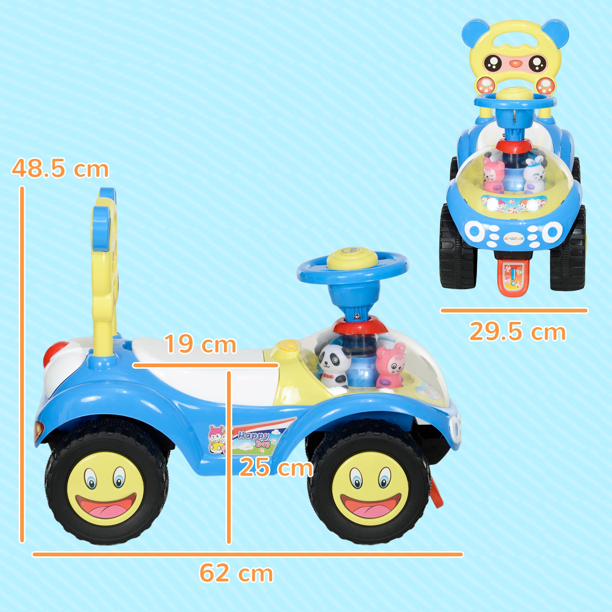 AIYAPLAY Foot to Floor oddler Ride on Toy w/ Music, Light, Horn, Under Seat Storage, Anti-Over-Backwards Device, Blue