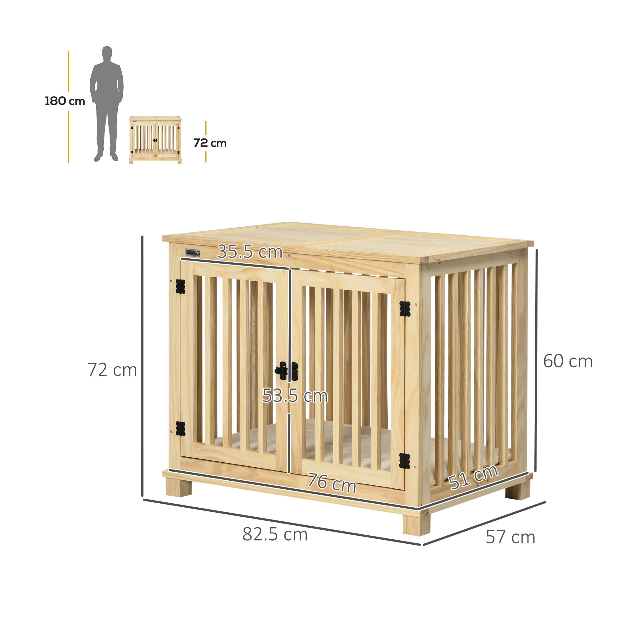 PawHut Wooden Dog Crate, with Double Doors, Cushion, for Medium Dogs - Natural Finish - North Peak Garden Furniture