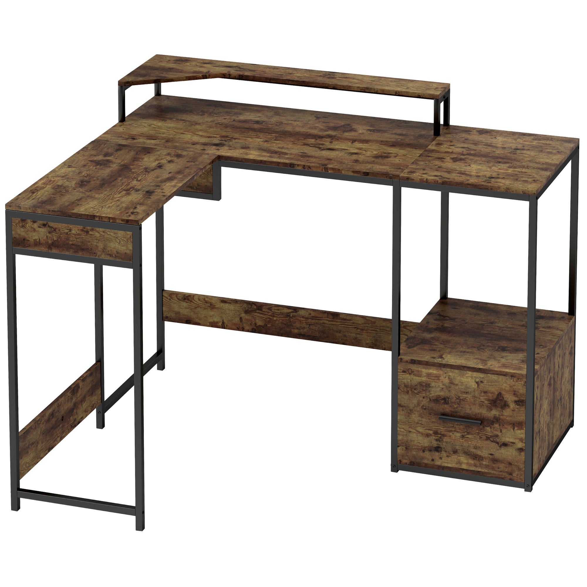 HOMCOM L Shaped Desk, Computer Desk with Liftable Desktop, Industrial Corner Desk with Drawer for A4/Letter Size, Home Office Desk with Monitor Stand for Home Office, Rustic Brown - North Peak Garden Furniture