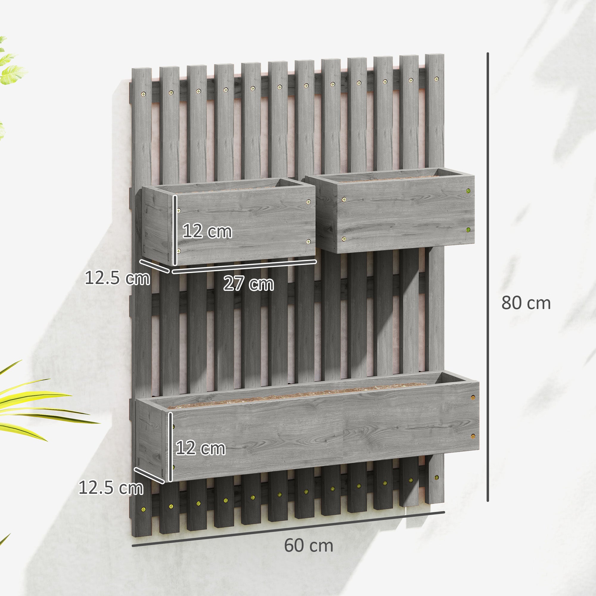 Outsunny Wall-mounted Wooden Garden Planters with Trellis, Drainage Holes and 3 Planter Boxes for Patio, Grey - North Peak Garden Furniture