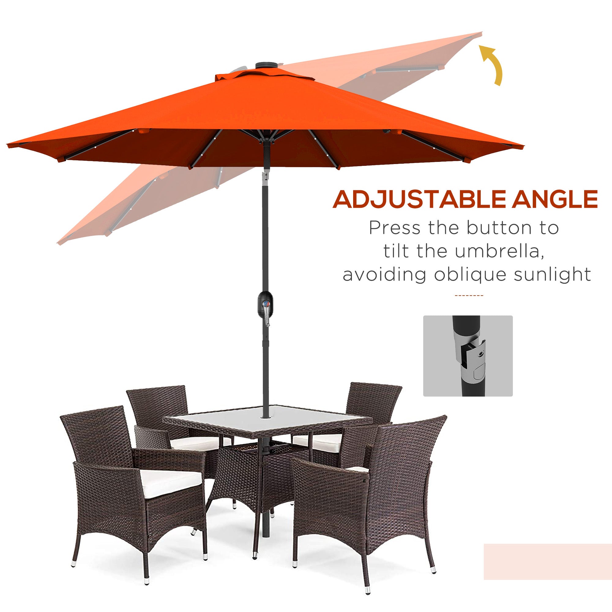 Outsunny 2.7m Outdoor Patio Garden Umbrella Parasol with Tilt Crank and 24 LEDs Lights, Orange - North Peak Garden Furniture