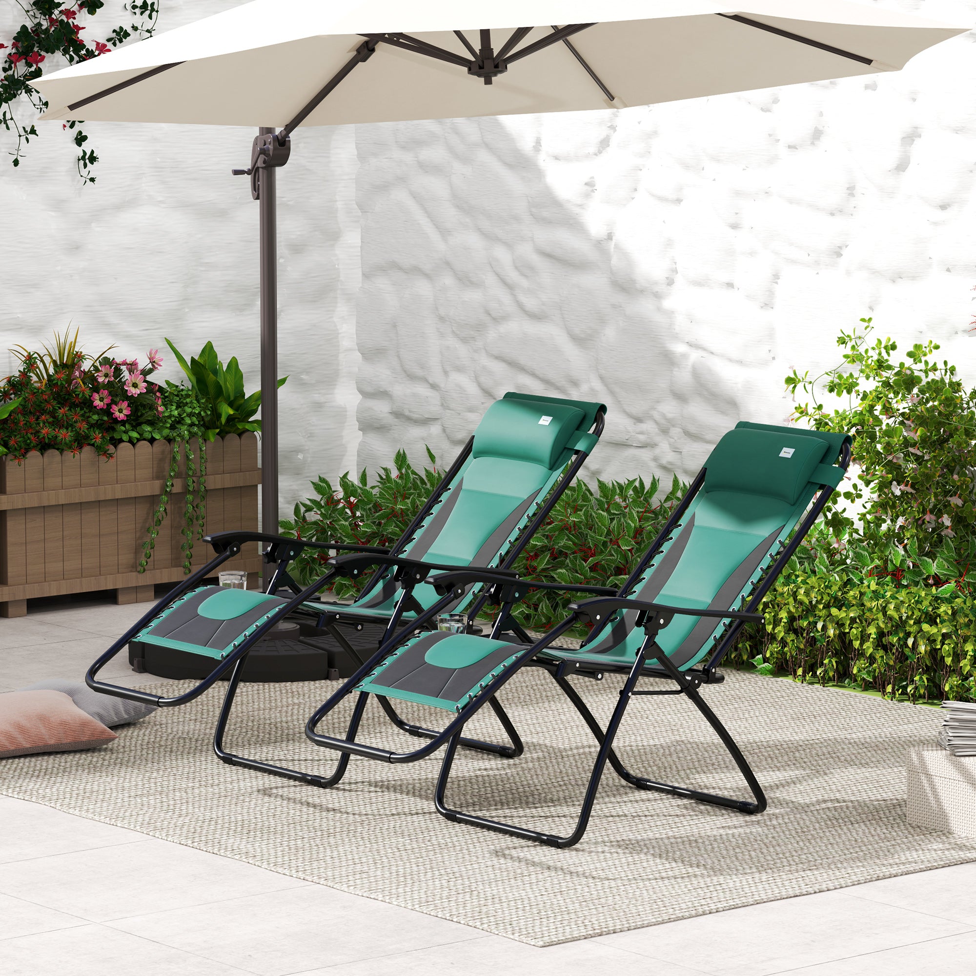 Outsunny Zero Gravity Lounger Chair Set of 2, Folding Reclining Patio Chair with Padded Seat, Cup Holder, Soft Cushion and Headrest for Poolside, Camping, Green - North Peak Garden Furniture