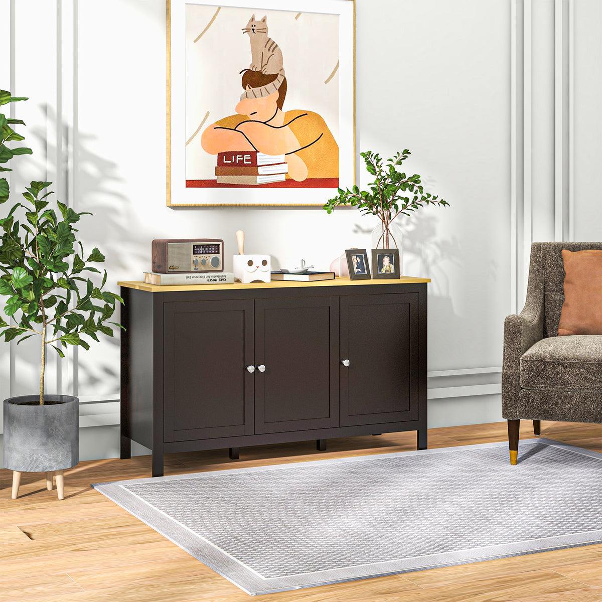 HOMCOM Sideboard, Buffet Cabinet with Doors and Adjustable Shelves for Living Room, Entryway, Black and Natural