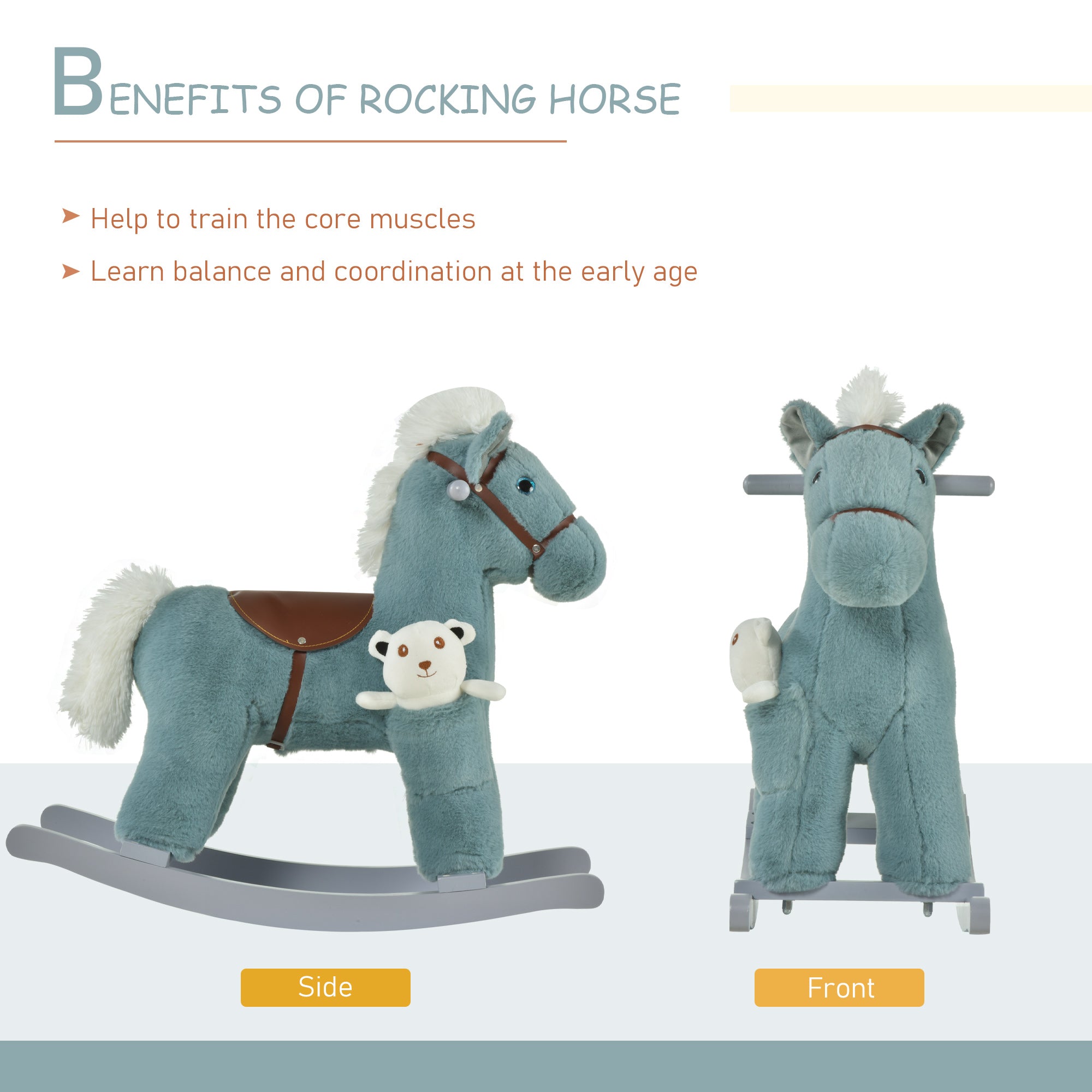 HOMCOM Kids Plush Ride-On Rocking Horse Toy Rocker with Plush Toy Realistic Sounds for Child 18-36 Months Blue - North Peak Garden Furniture