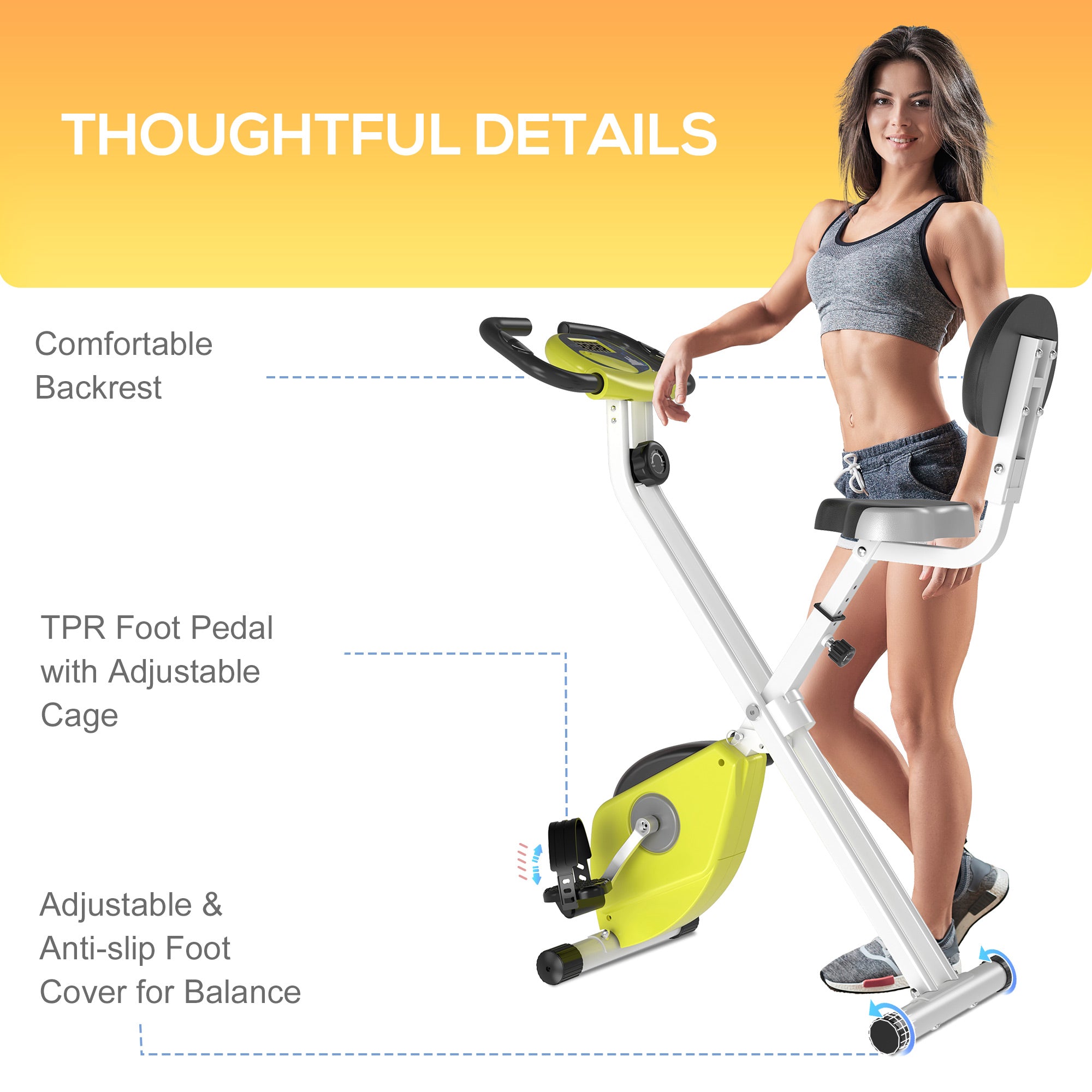 HOMCOM Exercise Bike Fitness Bicycle Indoor trainer Foldable 8-level Magnetic Resistance Adjustable w/LCD Monitor Pulse Sensor, Yellow - North Peak Garden Furniture