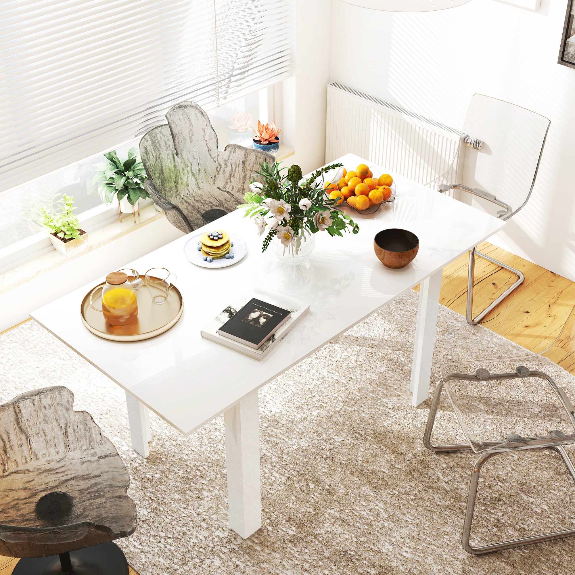 HOMCOM Extendable Dining Table, 120-160 x 70cm Rectangular Kitchen Table for Small Spaces, Seats 4-6 People, High Gloss White - North Peak Garden Furniture