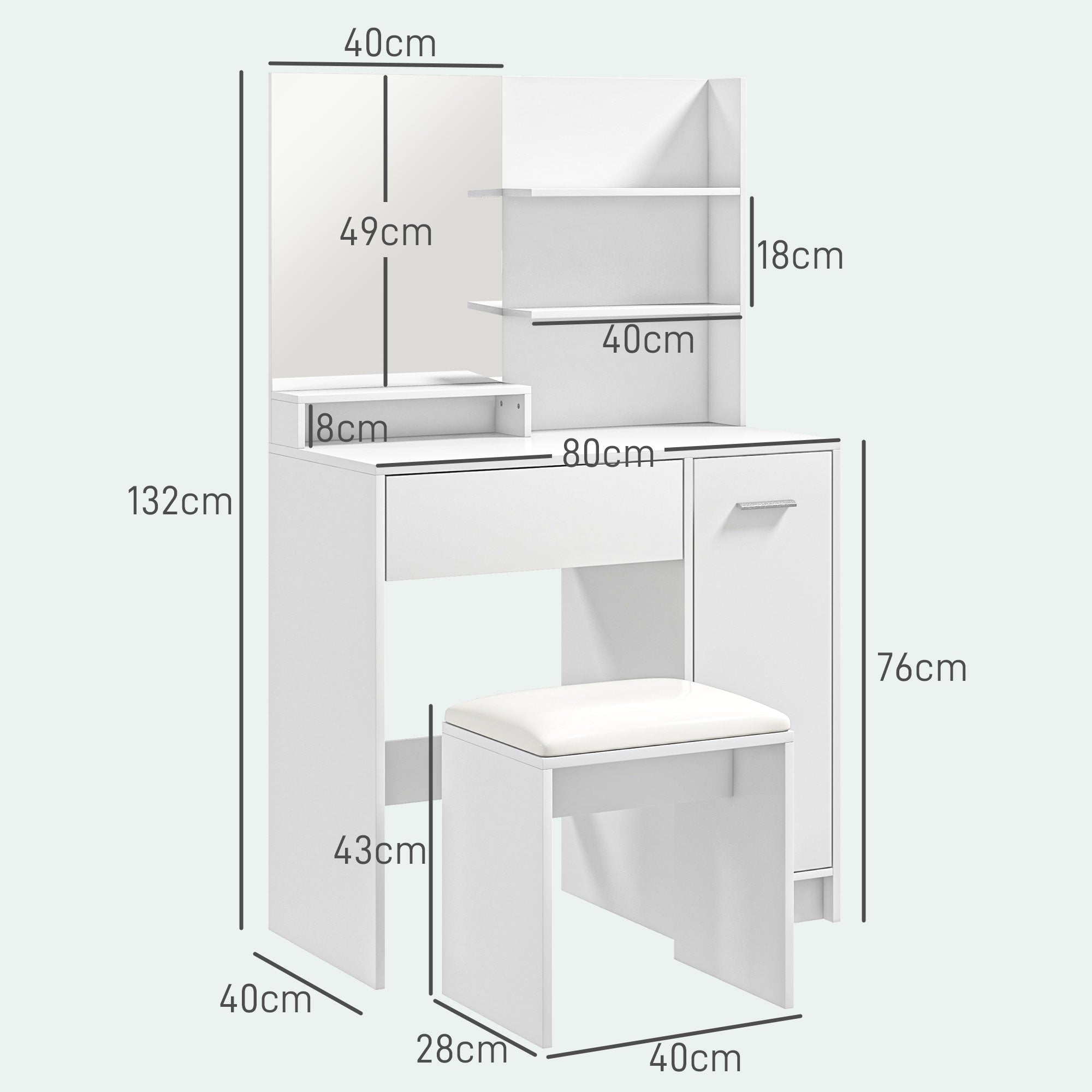 HOMCOM Dressing Table with Mirror and Stool, Vanity Table, Modern Makeup Desk with Drawer, Storage Cabinet and Adjustable Shelf for Bedroom, White - North Peak Garden Furniture
