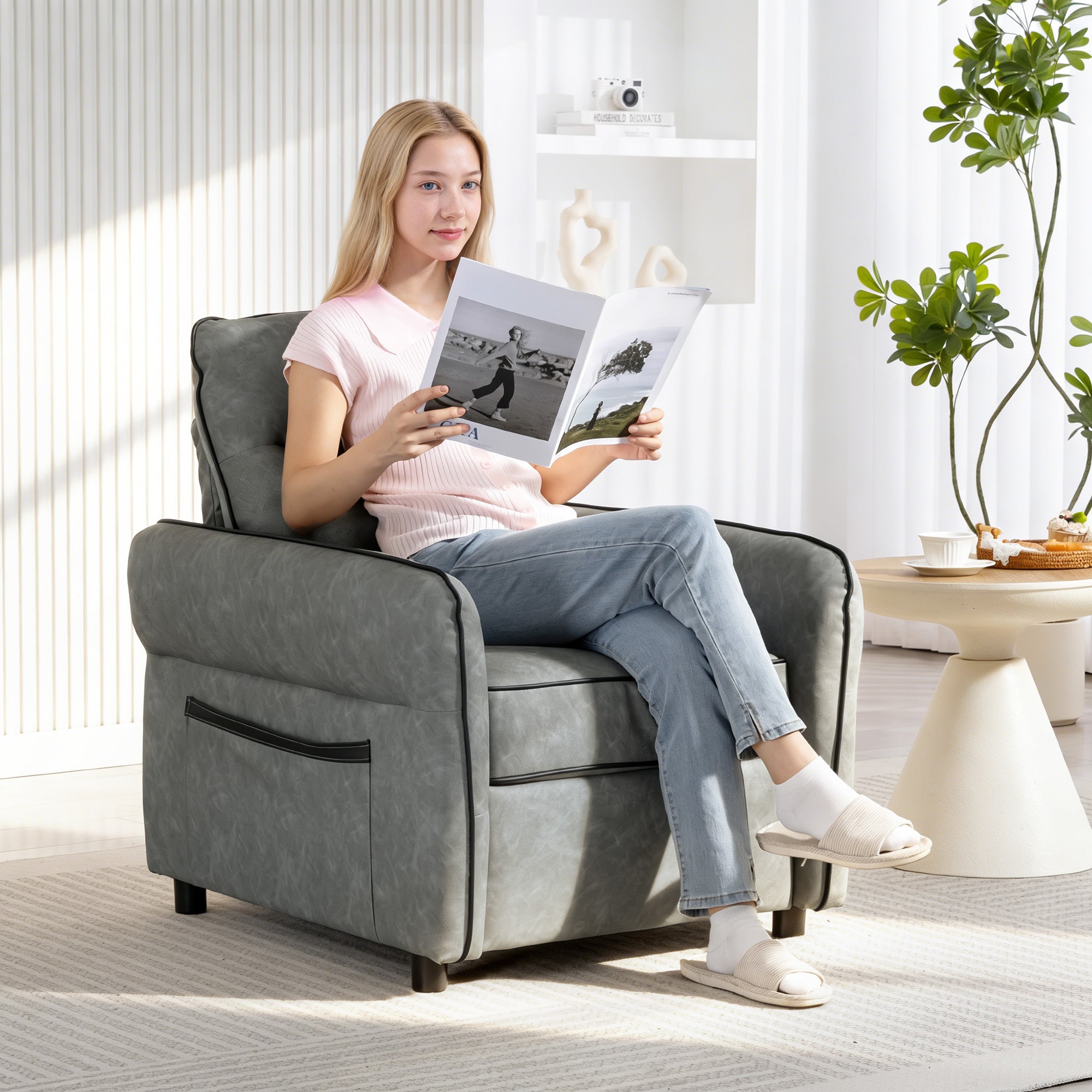 HOMCOM Accent Chair, Faux Leather Armchair - Grey