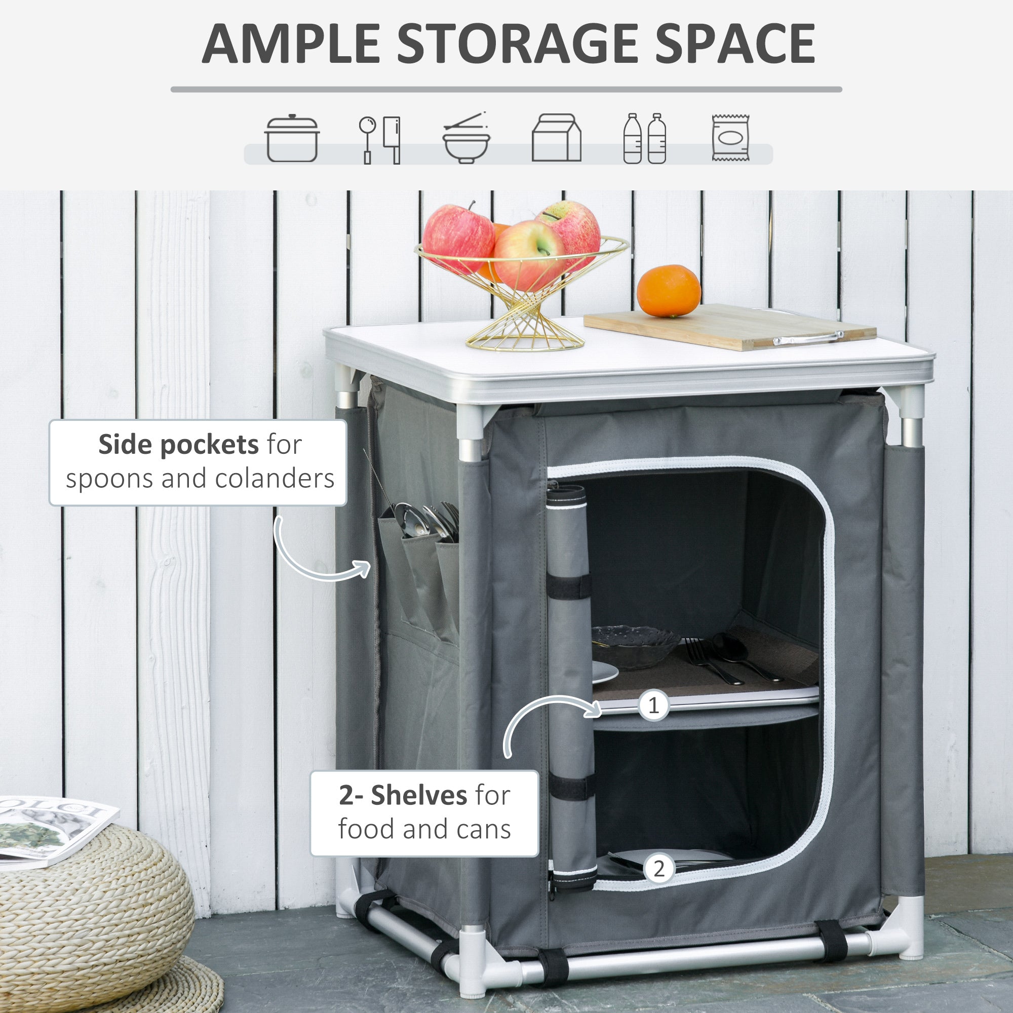 Outsunny 2-Shelf Camping Cupboard Camping Kitchen Station Cook Table Aluminum, Storage Organiser for BBQ Party Picnics Backyards with Carrying Bag - North Peak Garden Furniture