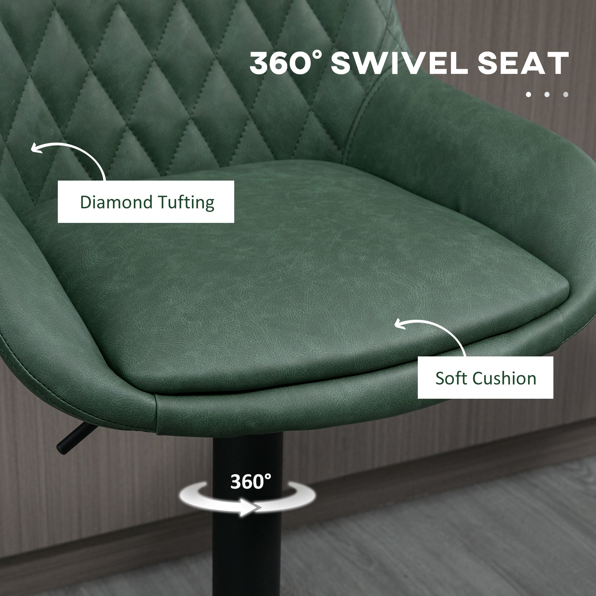 HOMCOM Retro Bar Stools Set of 2, Adjustable Kitchen Stool, Upholstered Bar Chairs with Back, Swivel Seat, Green - North Peak Garden Furniture
