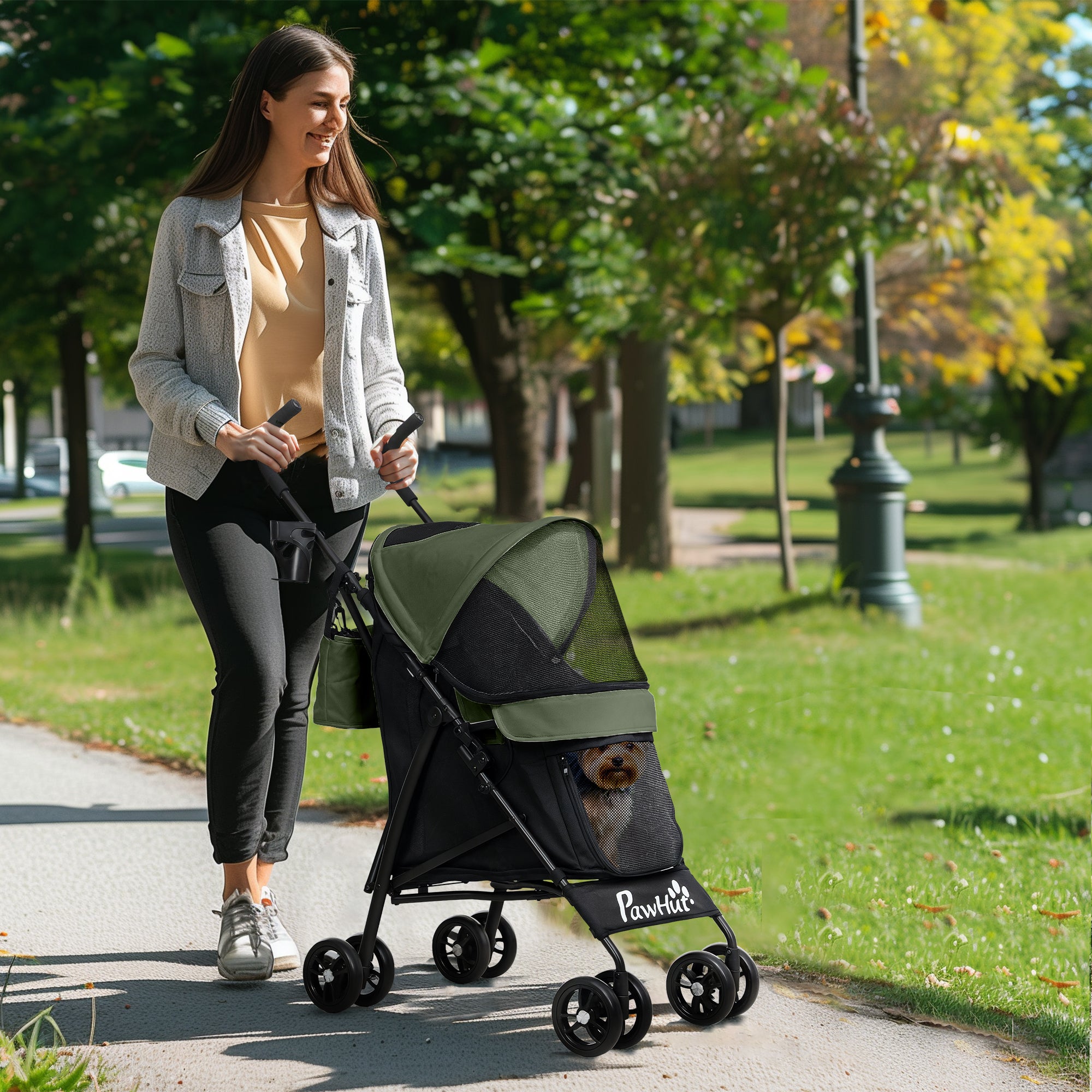 PawHut Umbrella Structure Dog Stroller, Lightweight & Portable Dog Pram w/ Shoulder Strap, Storage Bag & Cup Holder, Dark Green - North Peak Garden Furniture