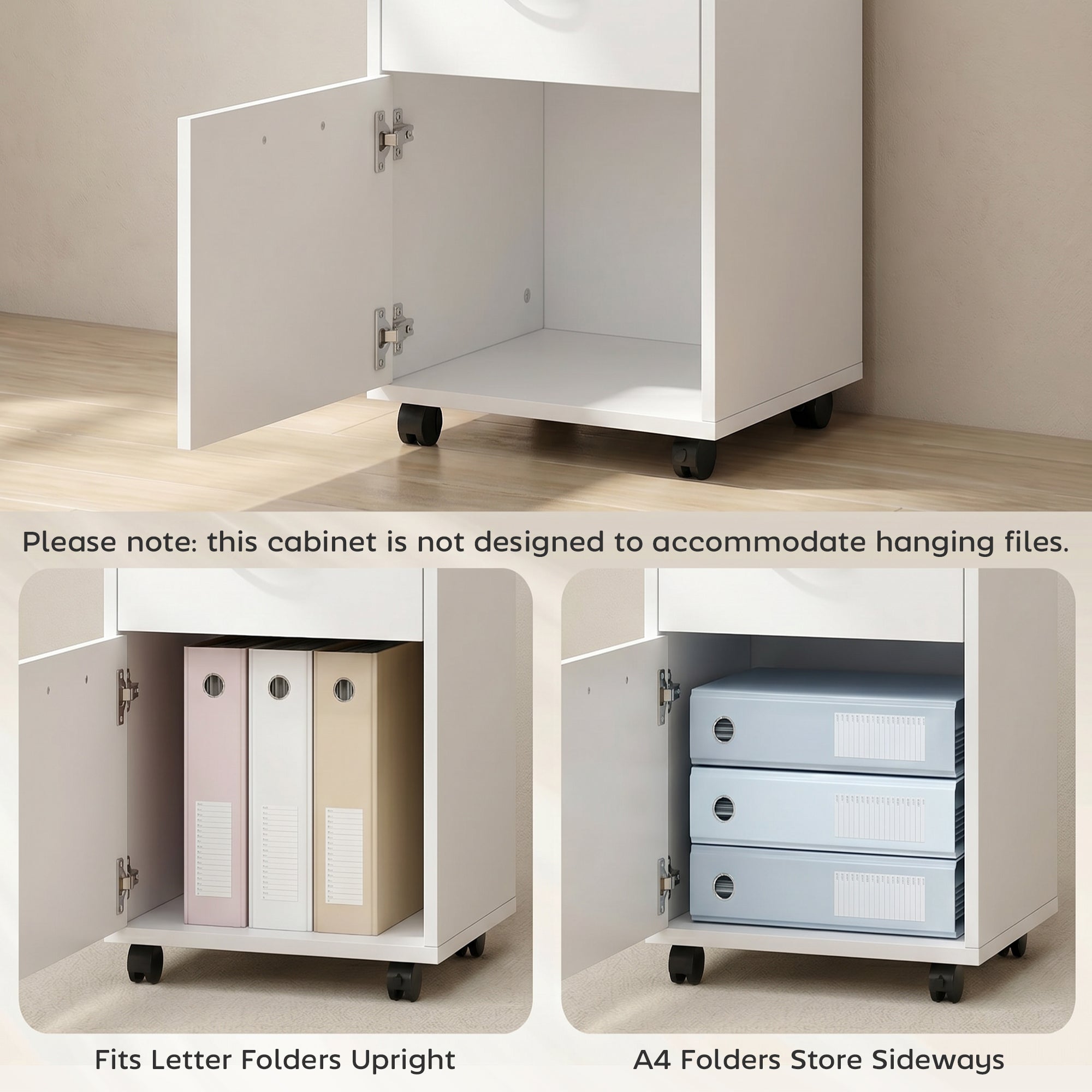 HOMCOM 60cm Storage Cabinet with Drawer, Open Shelf, Metal Handles and 4 Wheels, Office Home Organiser Mobile Printer, White