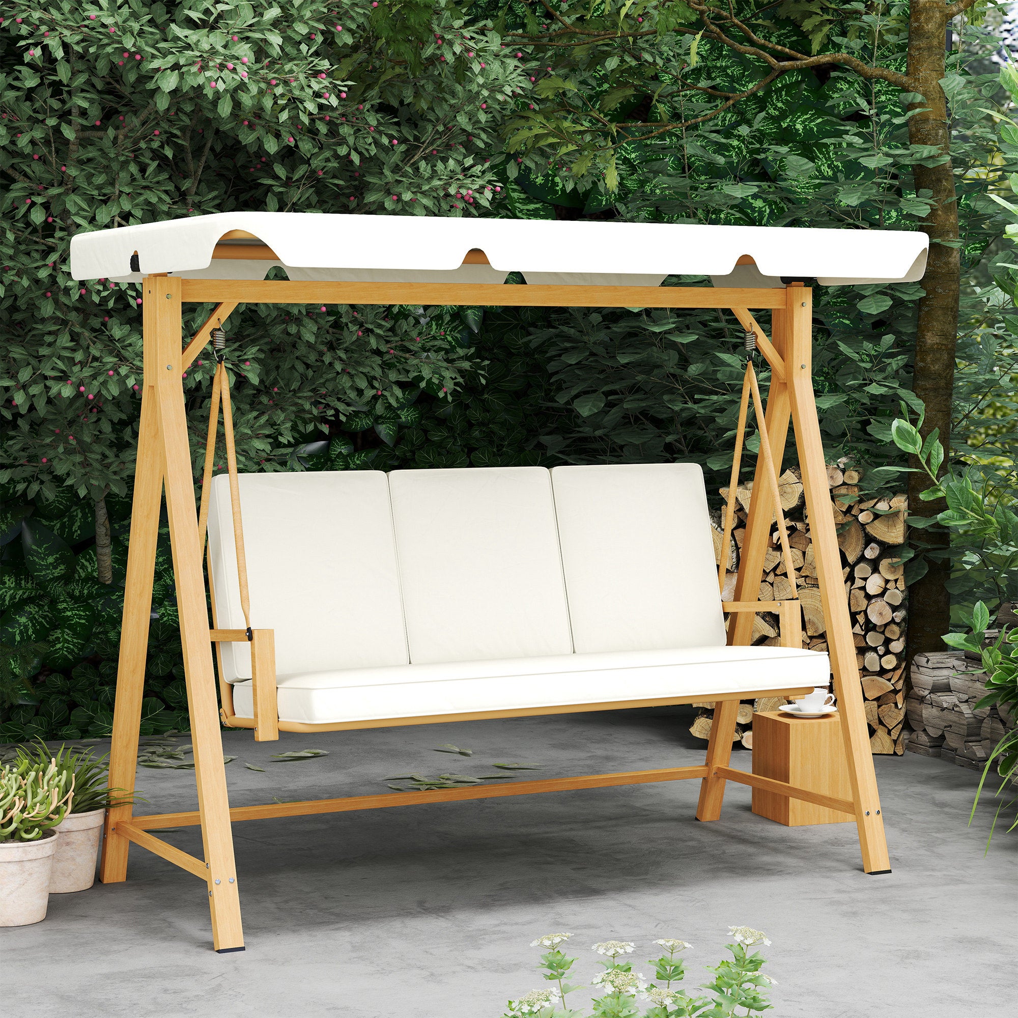 Outsunny Three-Seater Garden Swing Bench, with Adjustable Canopy - Beige - North Peak Garden Furniture