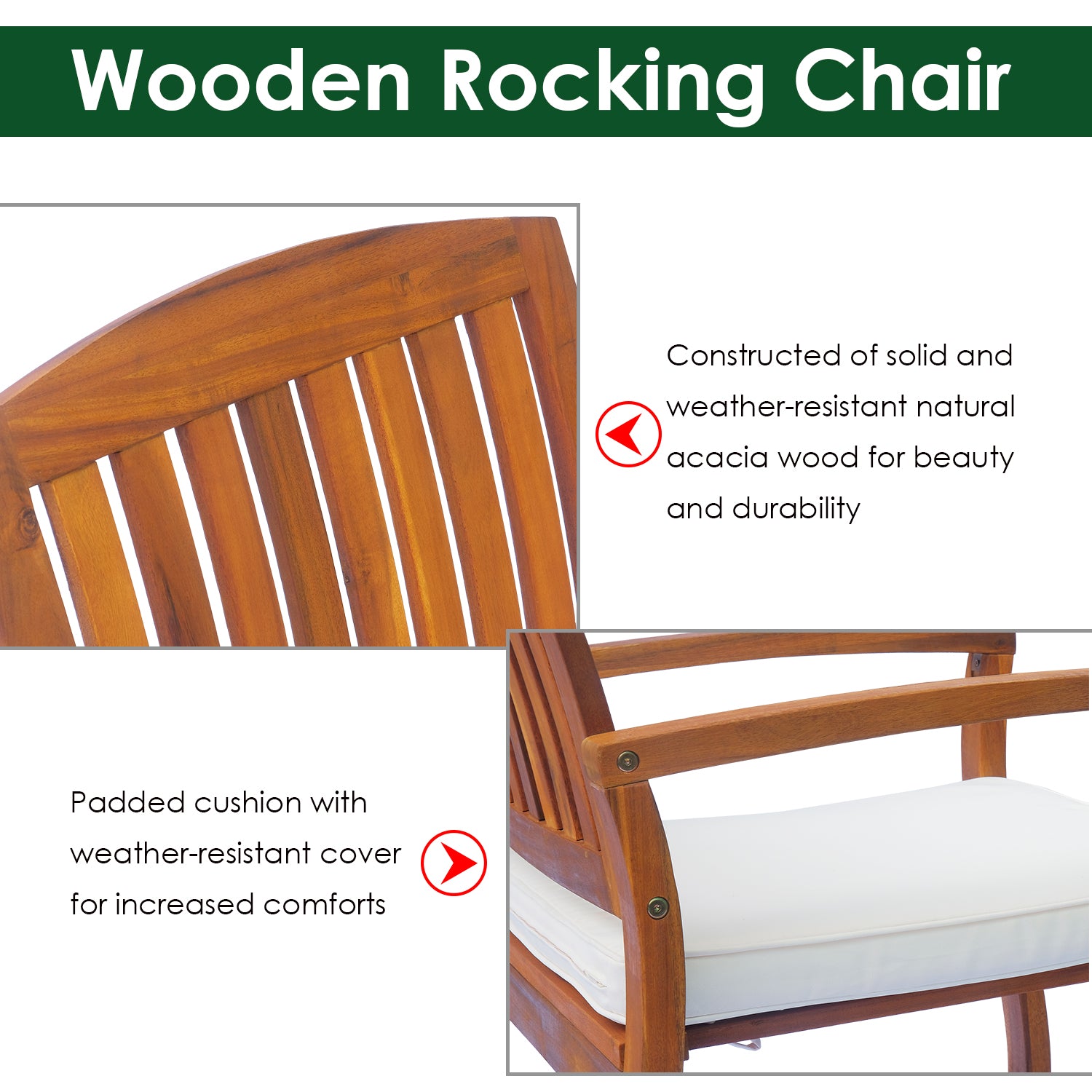 Outsunny Rocking Chair, Acacia Wood, Indoor/Outdoor Use with Cushion, Traditional Design