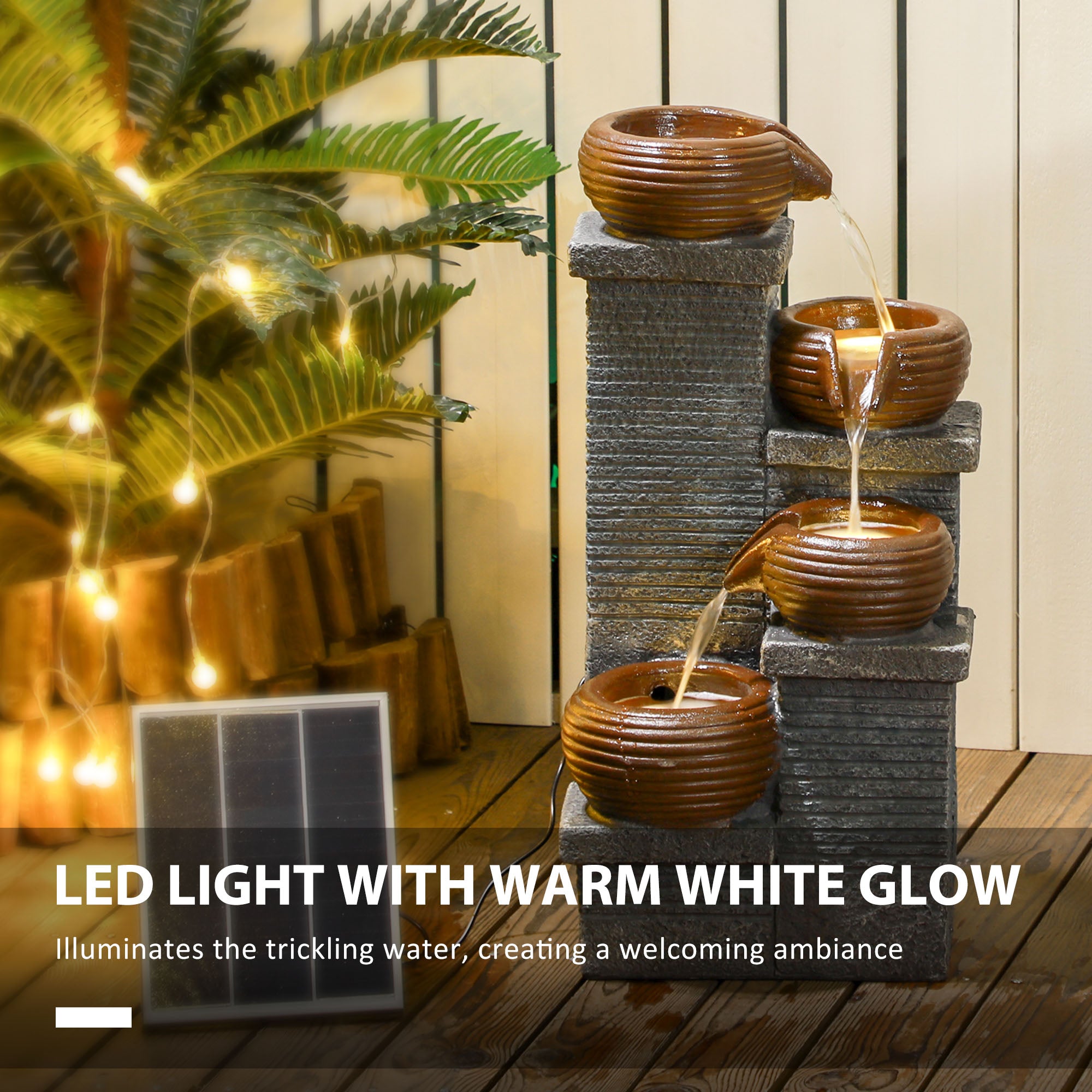 Outsunny Solar Powered Garden Water Feature with LED Lights and Pump, 4 Tier Cascading Water Fountain for Indoor/Outdoor, Bowls Waterfall Ornament, 58cm Height - North Peak Garden Furniture