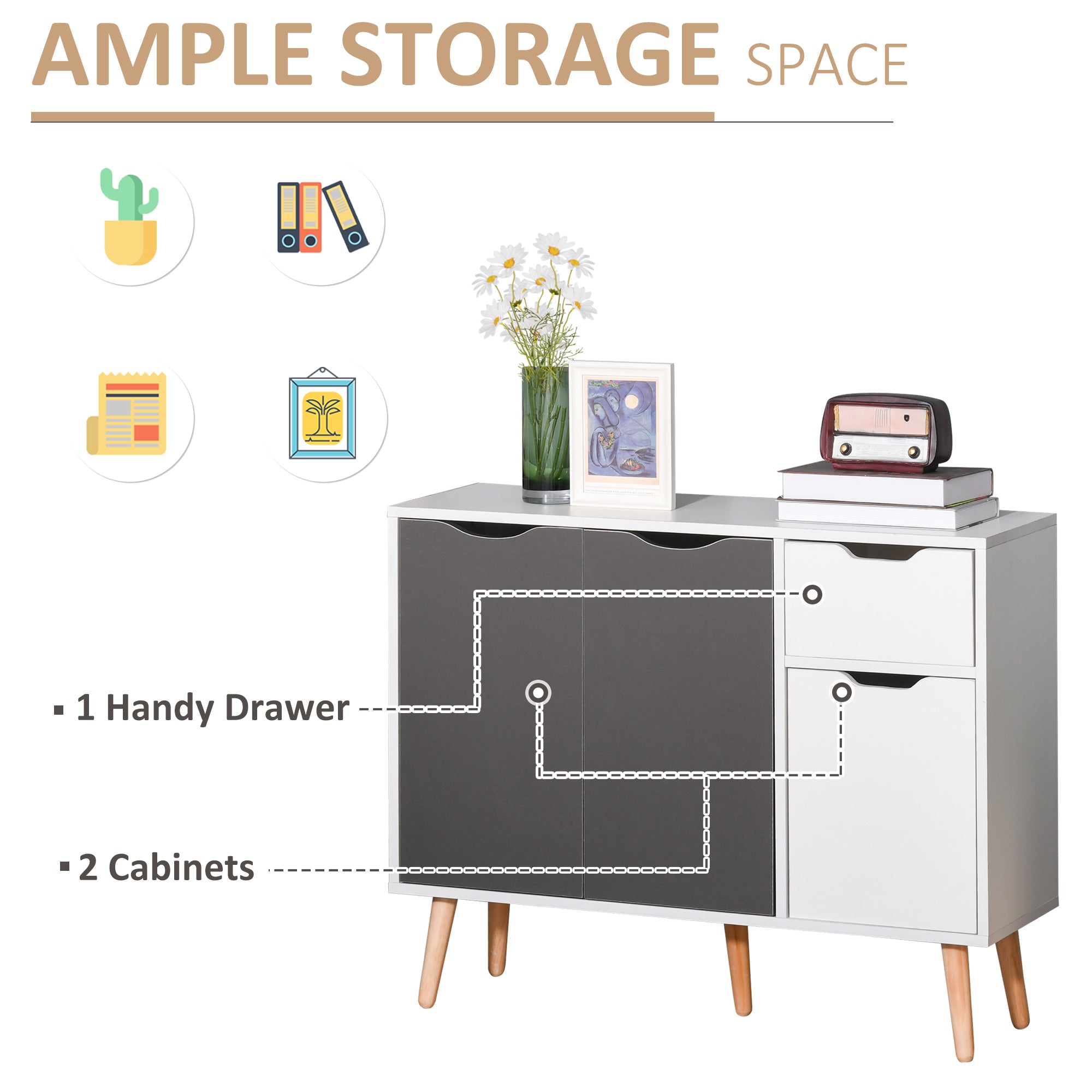 HOMCOM Sideboard Floor Standing Storage Cabinet with Drawer for Bedroom, Living Room, Home Office, Grey - North Peak Garden Furniture