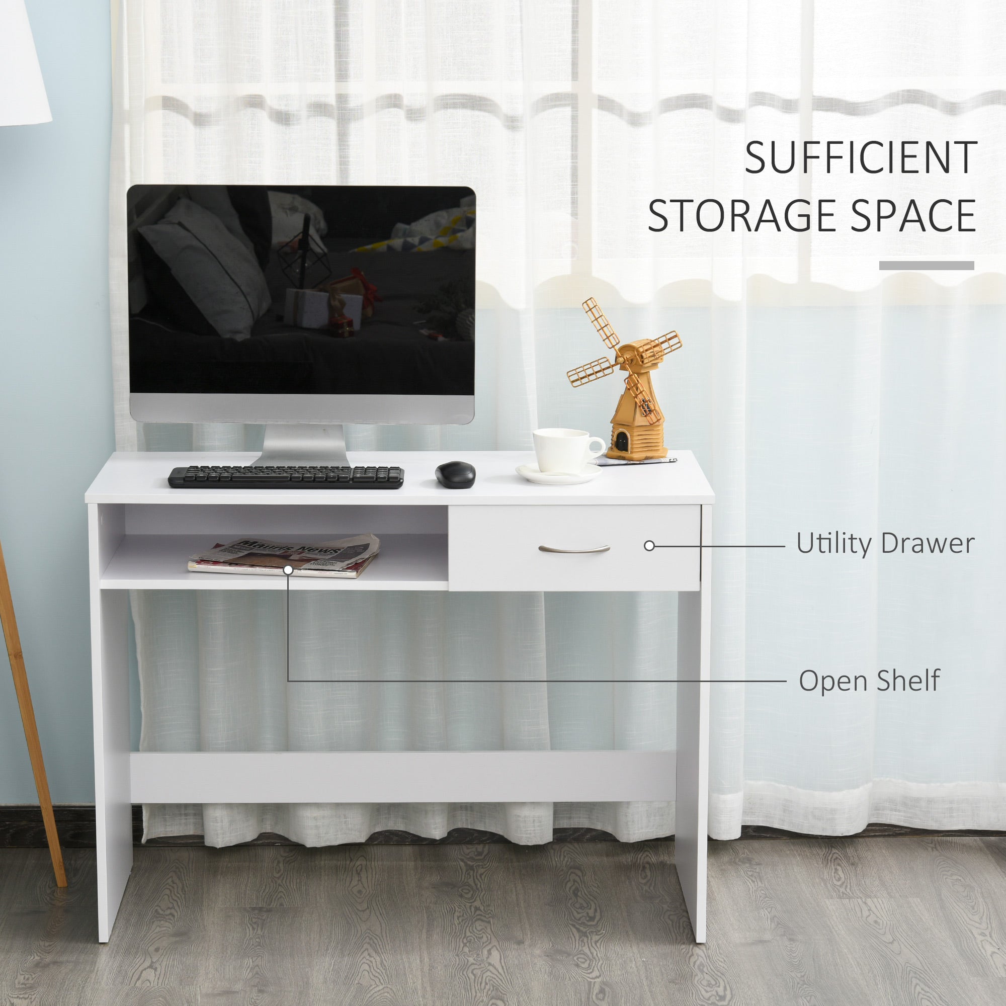 HOMCOM Compact Computer Desk, Study Table with Drawer and Storage Compartment, Writing Workstation, White - North Peak Garden Furniture