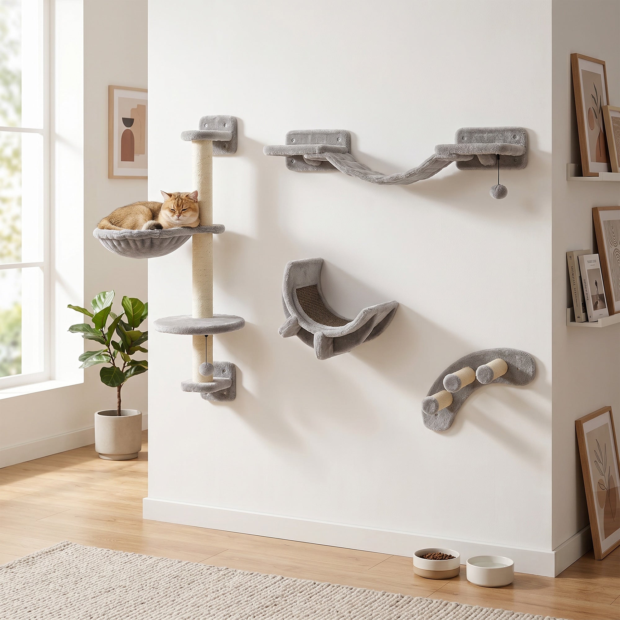 PawHut Four-Piece Cat Wall Furniture, with Hammock, Ladder, Platforms, Steps, for Indoor Use - Grey