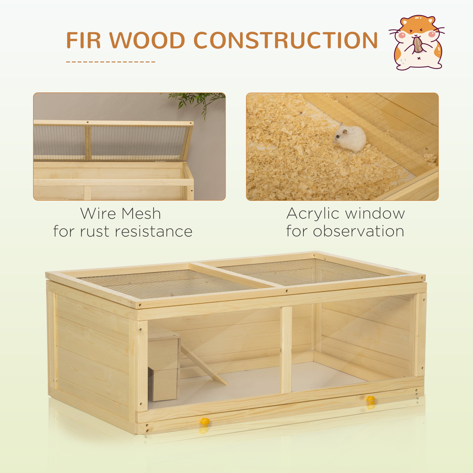 PawHut Wooden Hamster Cage with Sliding Tray, Openable Top, Hut for Syrian Hamsters, Natural Wood - North Peak Garden Furniture