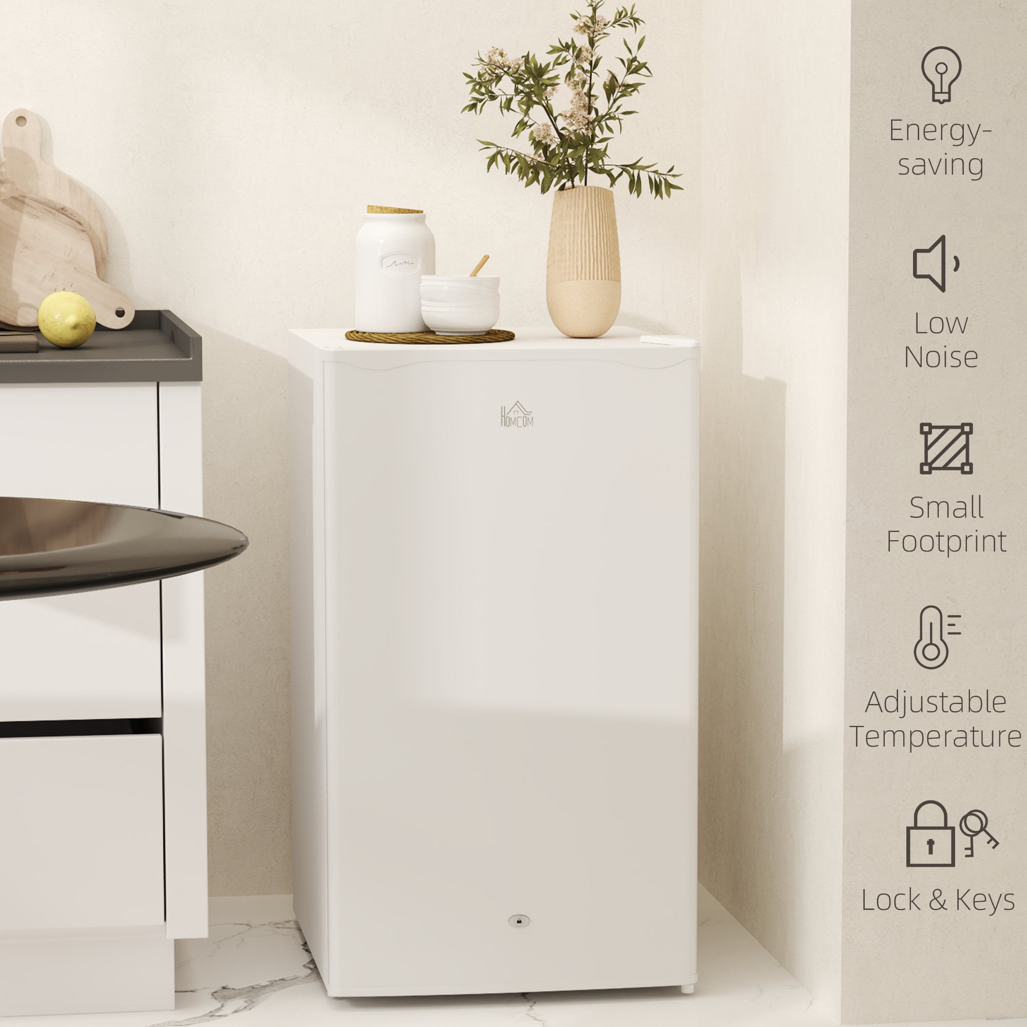 HOMCOM 91L Freestanding Under-Counter Fridge with Lock - White - North Peak Garden Furniture