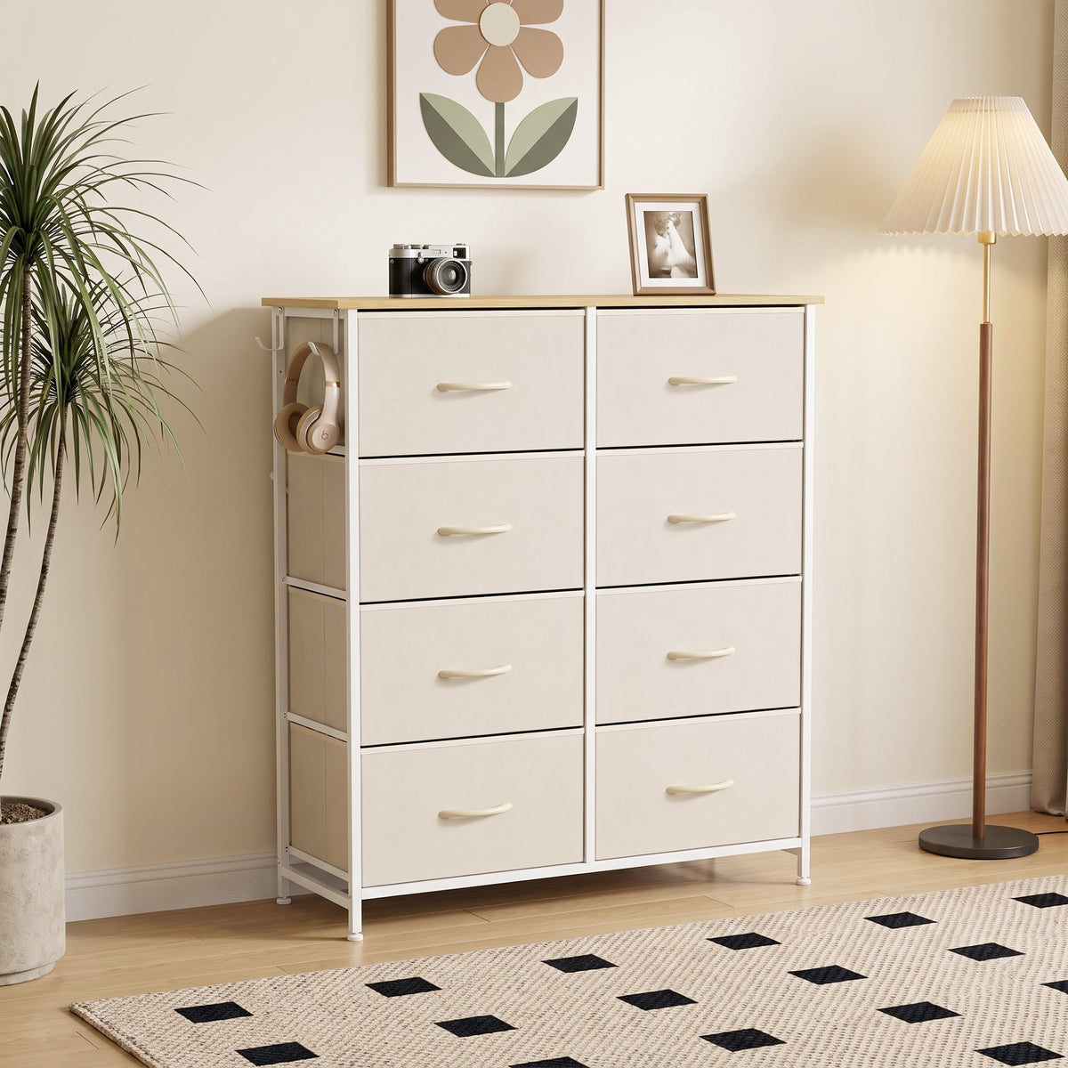HOMCOM Chest of Drawers, Dresser with 8 Fabric Drawers, Tall Storage Unit with 4 Pockets and 2 Hooks Steel Frame, Beige
