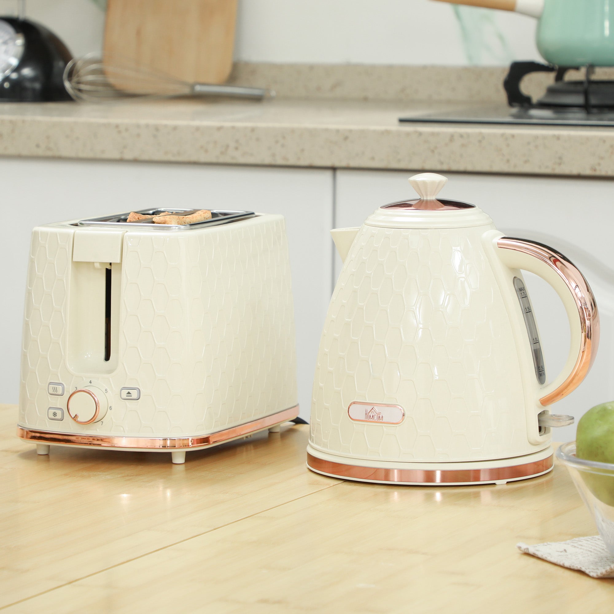 HOMCOM 1.7L 3000W Fast Boil Kettle & 2 Slice Toaster Set, Kettle and Toaster Set with Auto Shut Off, Browning Controls, Beige - North Peak Garden Furniture