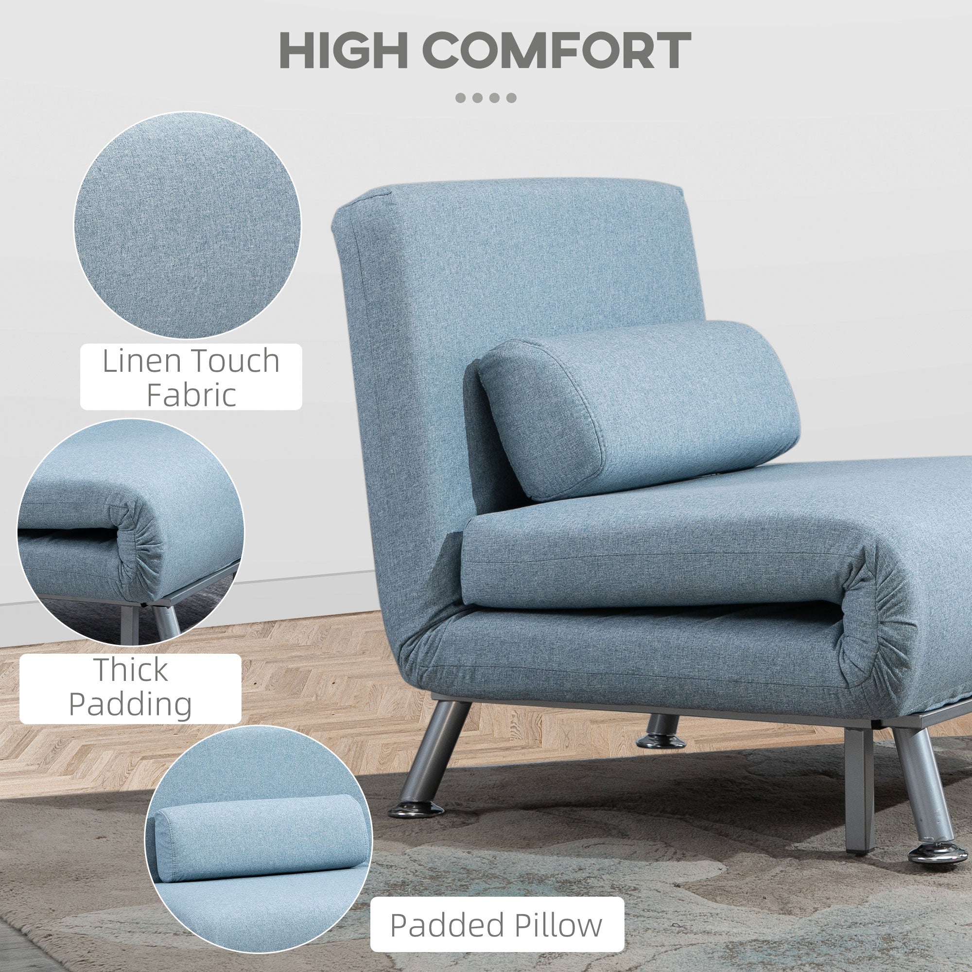 HOMCOM Single Sofa Bed, Chair Bed, 3-in-1 Convertible Sleeper Chair with Adjustable Backrest, Pillow, for Living Room, Bedroom, Sky Blue - North Peak Garden Furniture