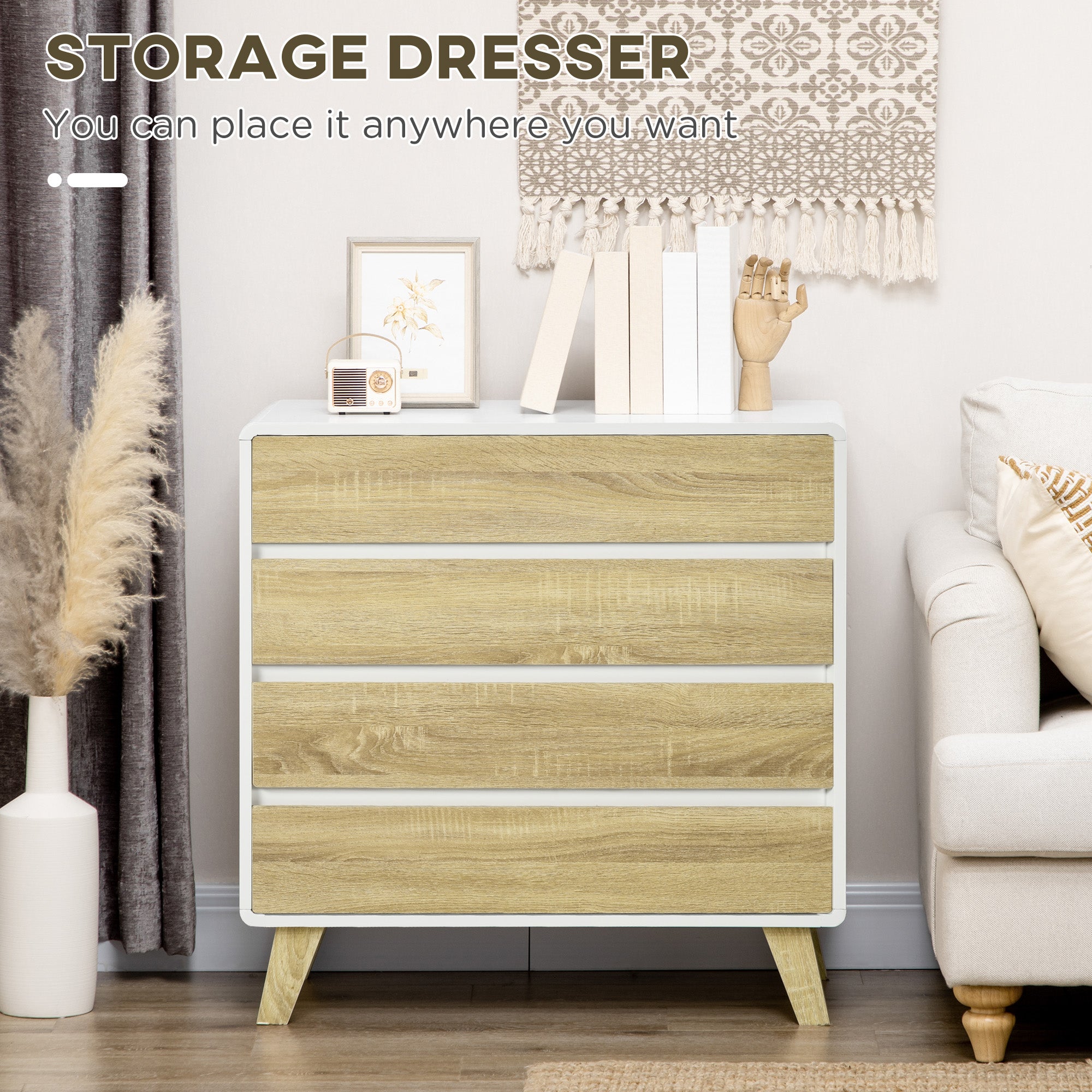 HOMCOM Chest of Four Drawers - Wood-Effect/White - North Peak Garden Furniture