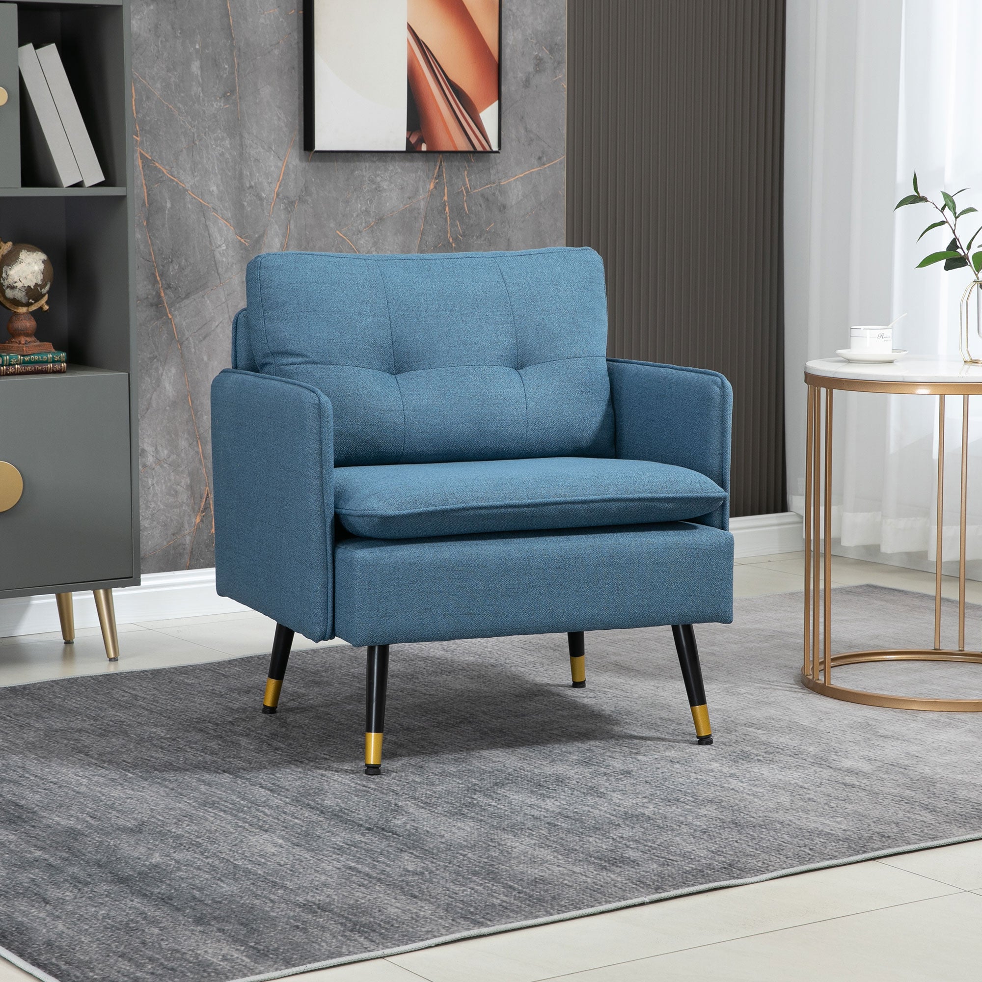 HOMCOM Modern One Seater Sofa, Button Tufted Armchair with Cushions and Steel Legs for Living Room, Guest Room, Dark Blue