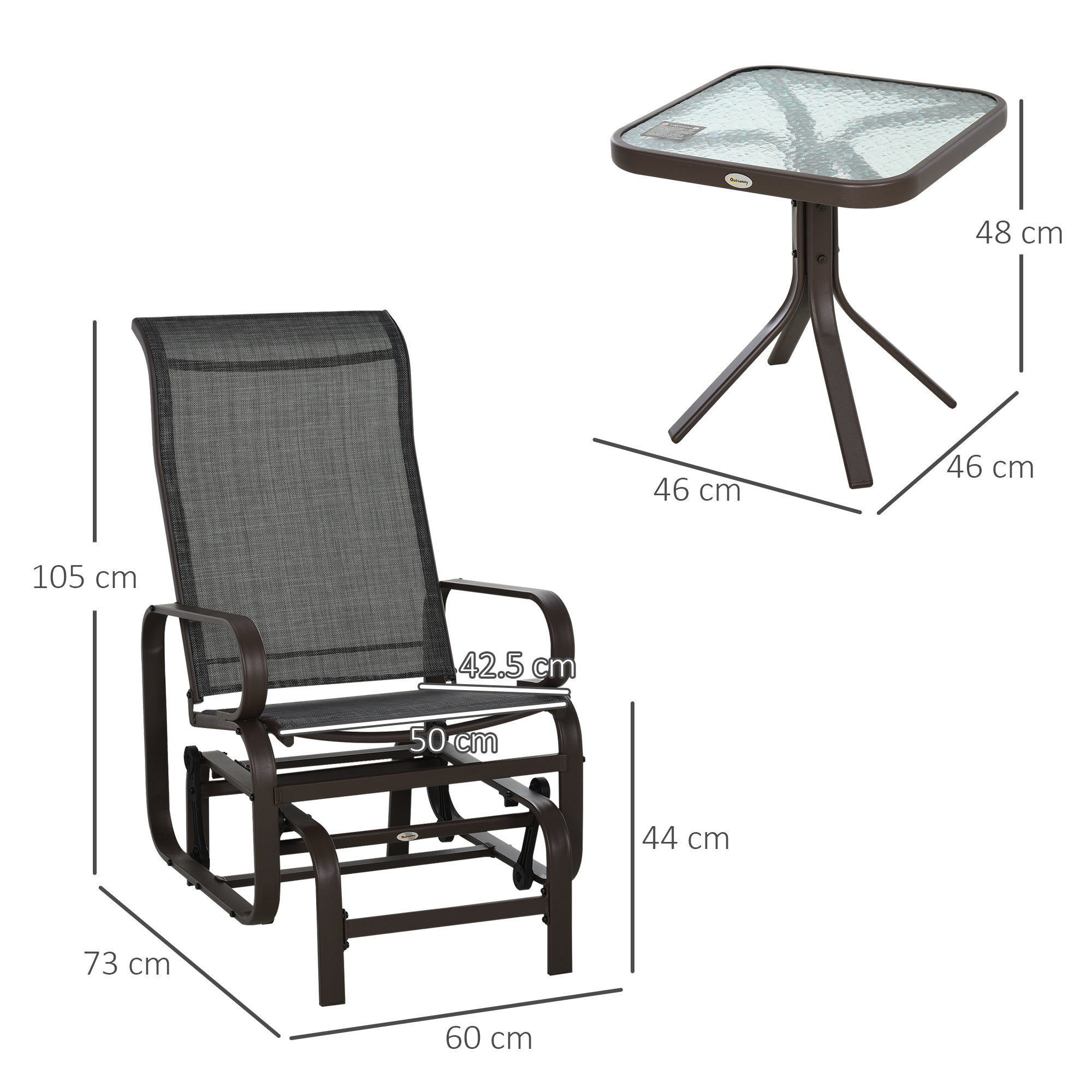 Outsunny 3 Pieces Garden Gliding Chair Set, Metal Frame 2 Single Armchair Swing Seater and 1 Glass Top Coffee Table w/ Breath Mesh Fabric Seat, Brown - North Peak Garden Furniture