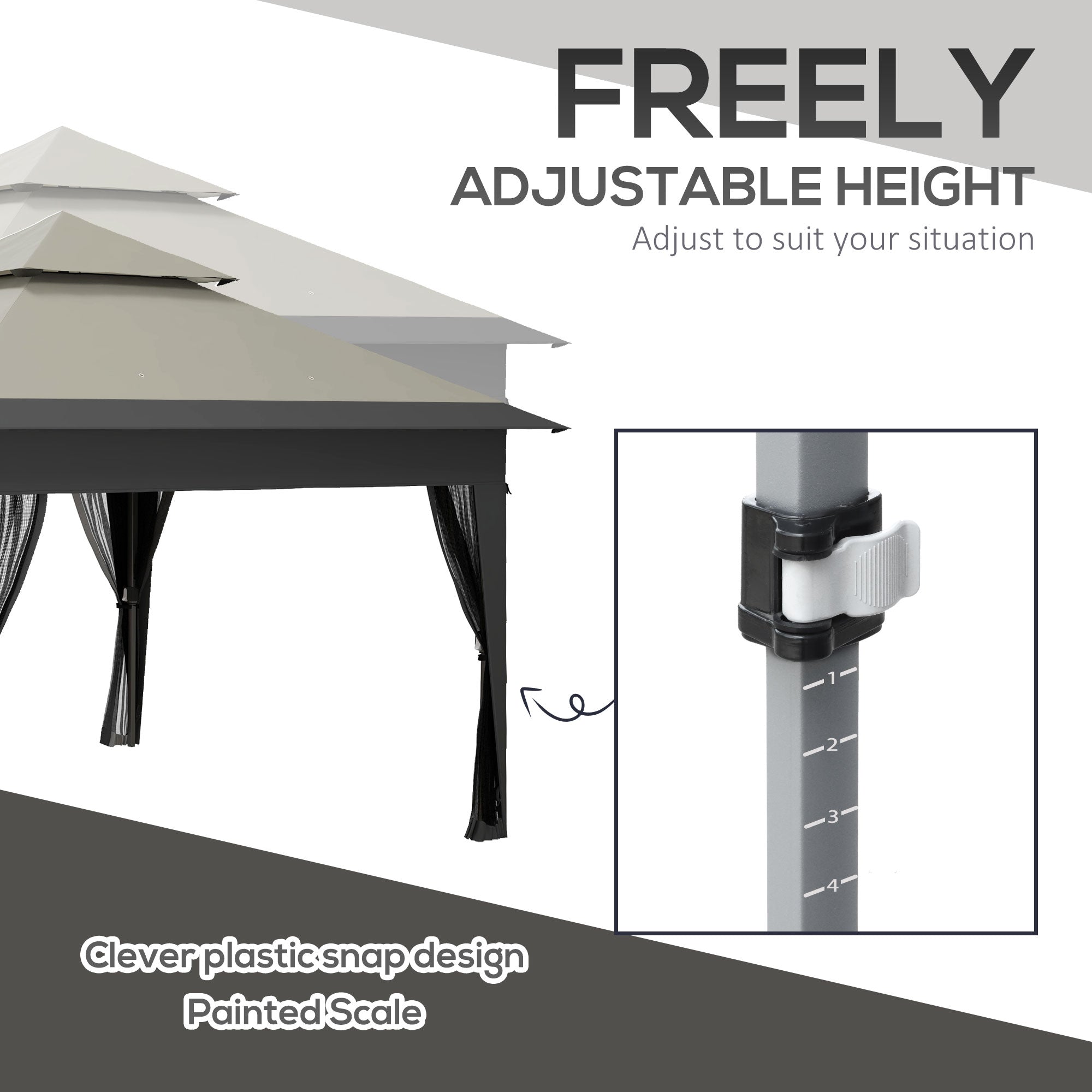 Outsunny 3 x 3(m) Pop Up Gazebo with Mosquito Netting, 1 Person Easy up Marquee Party Tent with 1-Button Push, Double Roof, Carry Bag, Sandbags, Height Adjustable Instant Shelter, Grey - North Peak Garden Furniture