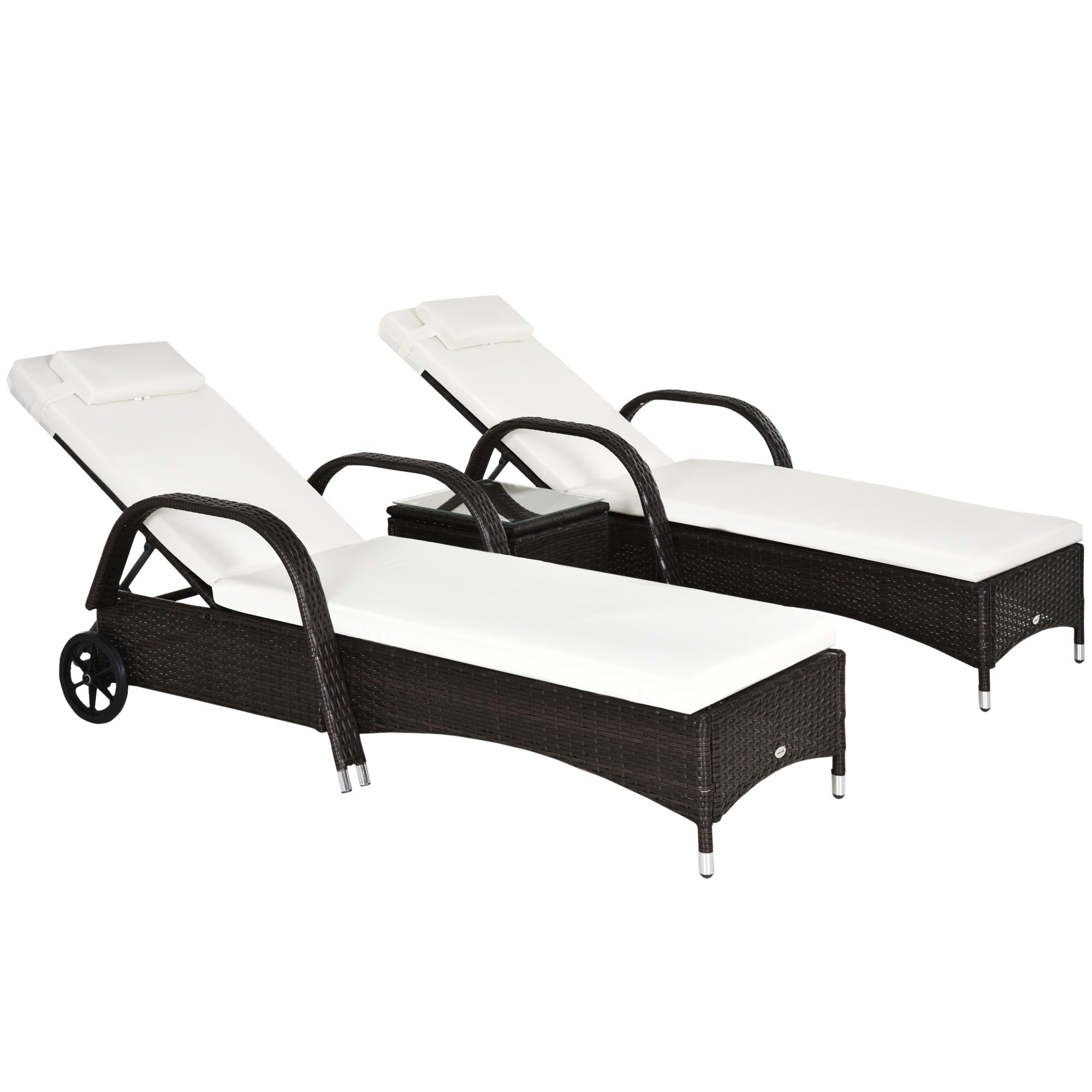 Outsunny 3 Pieces PE Rattan Patio Lounge Chair Set, Outdoor Recliner Lounge Chairs with Wheels, for Outside with Cushions, Headrest, Coffee Table for Garden, Poolside, Brown - North Peak Garden Furniture