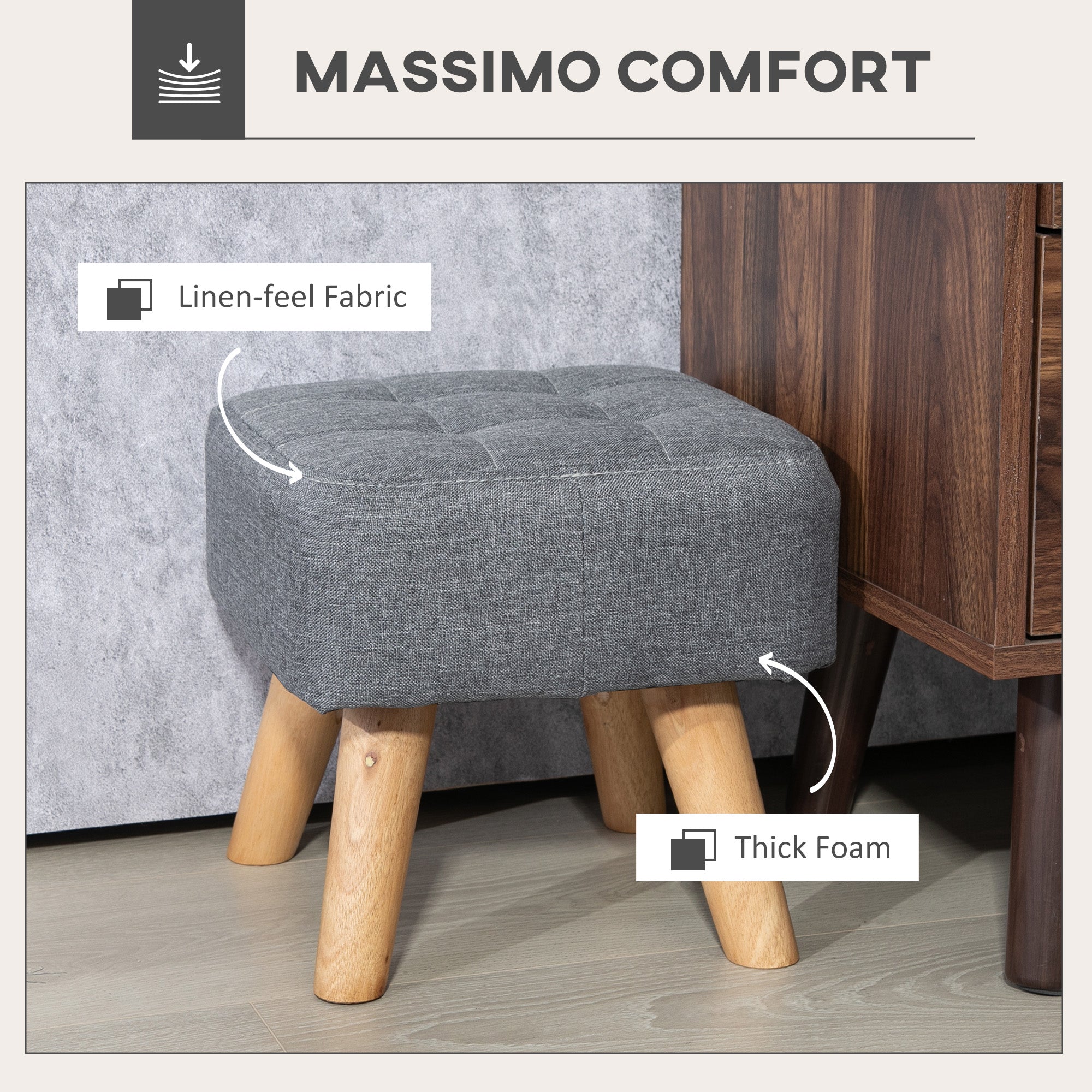HOMCOM Modern Tufted Footstool, Fabric Foot Stool with Rubber Wood Legs, Padded Seat, for Living Room, Bedroom, Entryway, Grey - North Peak Garden Furniture