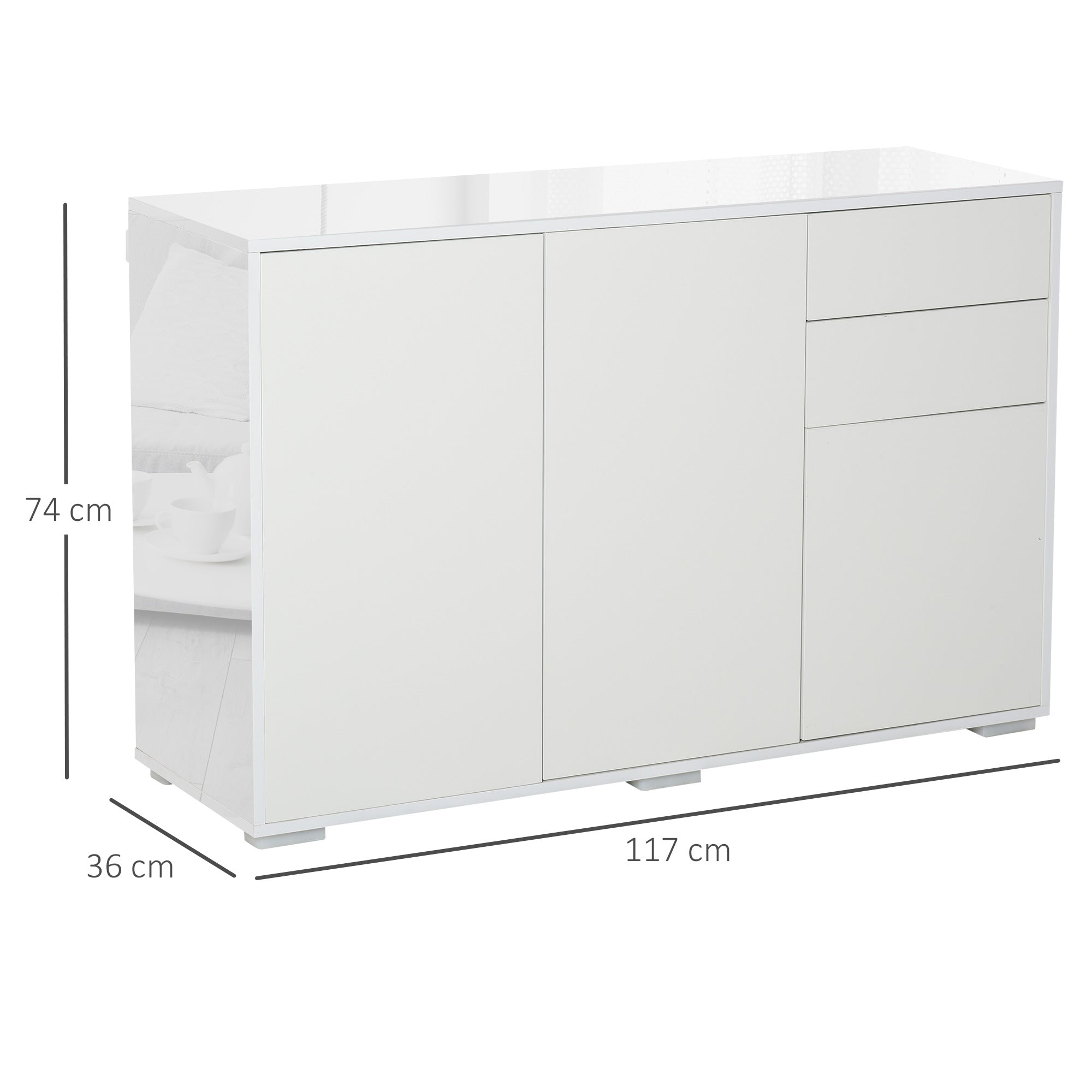 HOMCOM High Gloss Sideboard, Side Cabinet, Push-Open Design with 2 Drawer for Living Room, Bedroom, White