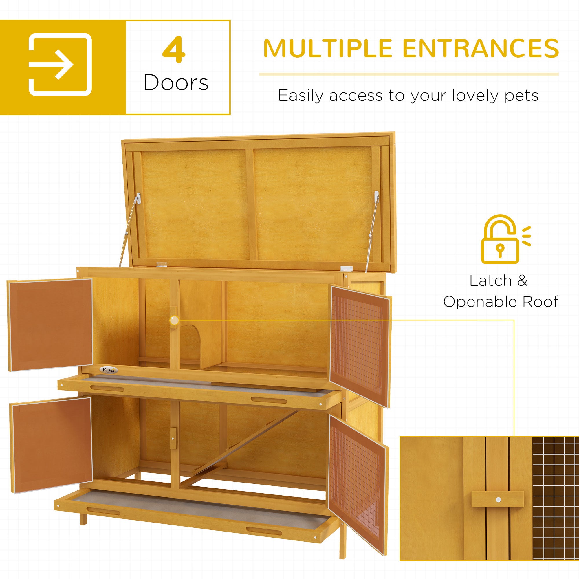 PawHut Double Decker Rabbit Hutch 2 Tier Guinea Pig House Pet Cage Outdoor with Sliding-out Tray, 97 x 44 x 91cm, Yellow